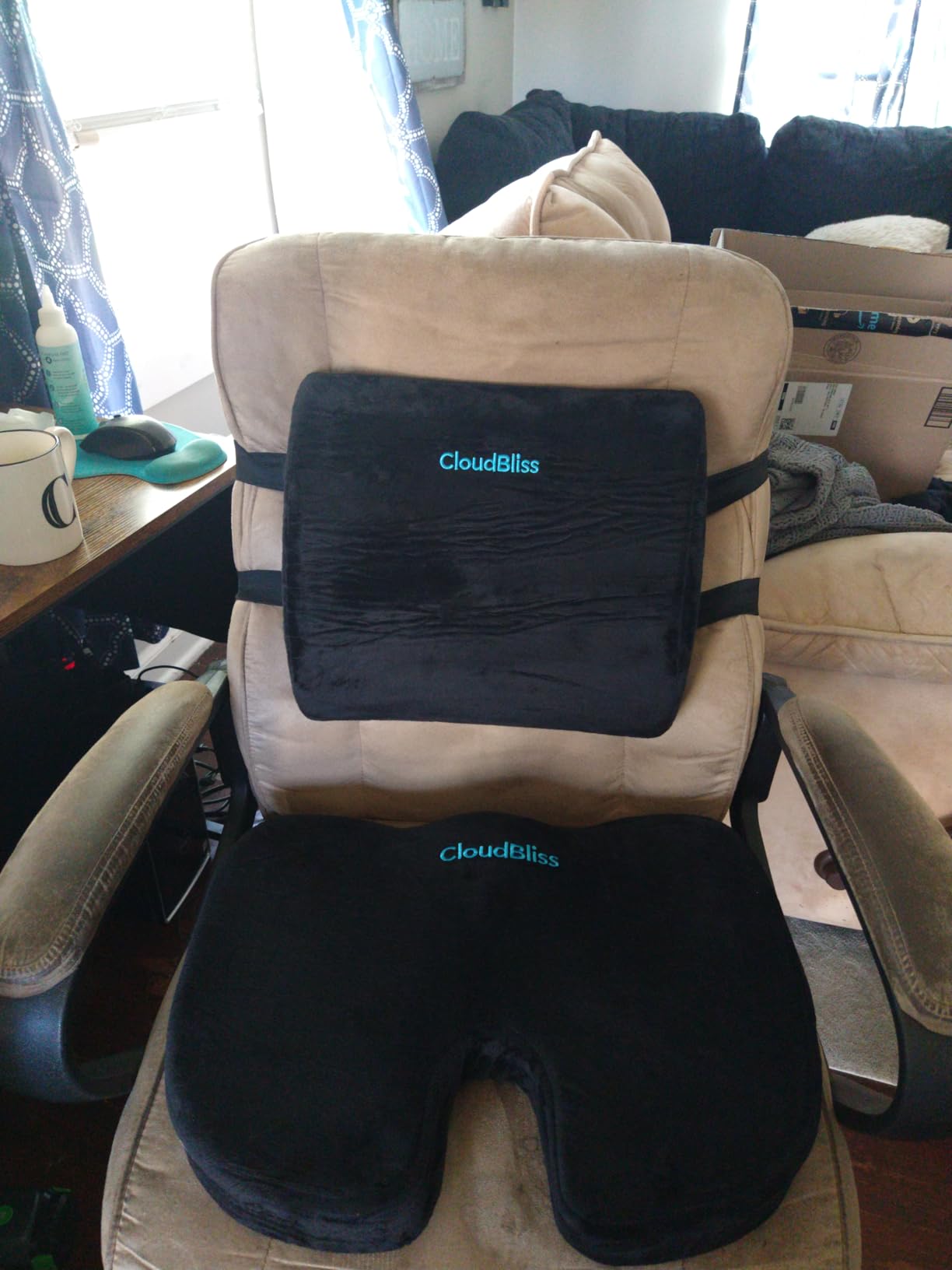 CloudBliss Ergonomic Seat Cushion & Lumbar Support Pillow Set, Black, Large | Back Pain, Sciatica Relief, Memory Foam Support, Adjustable Straps, Machine Washable Velvet, Perfect for Office, Car, Gaming customer photo 2