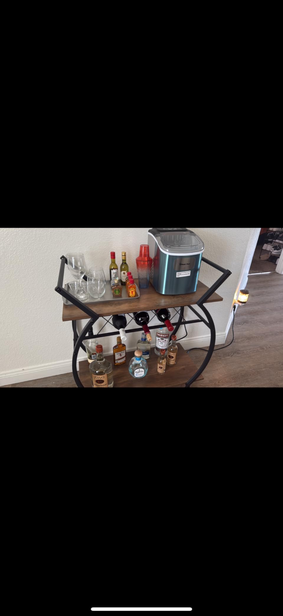 LVB Industrial Bar Cart, Beverage Serving Cart with Wheels, Rustic Brown | Modern Bar Cart with Wine Rack, Wooden Microwave Drink Liquor Cart for Dining Room, Coffee Liquor Drink Cart with Storage customer photo 1