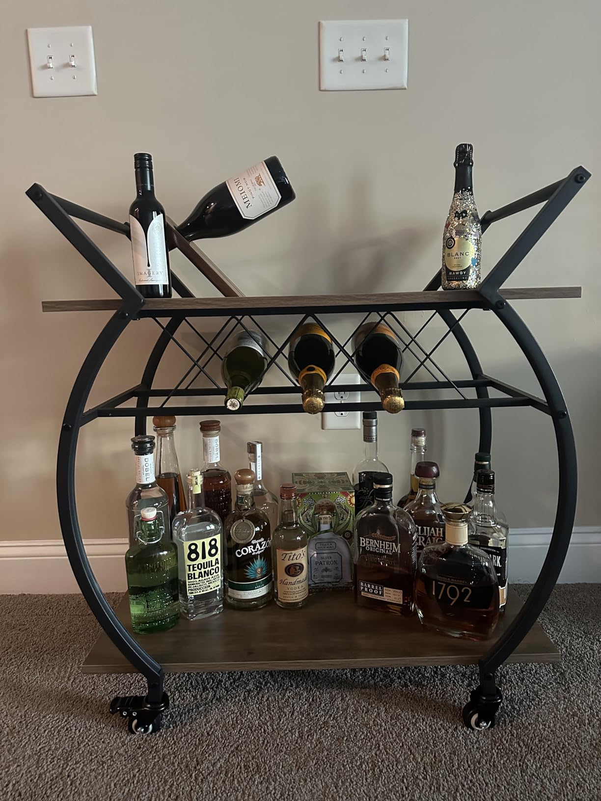LVB Industrial Bar Cart, Beverage Serving Cart with Wheels, Rustic Brown | Modern Bar Cart with Wine Rack, Wooden Microwave Drink Liquor Cart for Dining Room, Coffee Liquor Drink Cart with Storage customer photo 2
