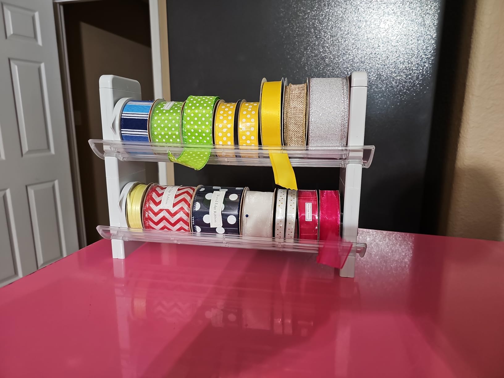 ArtBin Ribbon Storage Rack and Spool Holder, White | Holds Ribbon Spools for Craft Rooms and Gift Wrapping, Wall or Table Use, Durable Rack customer photo 2