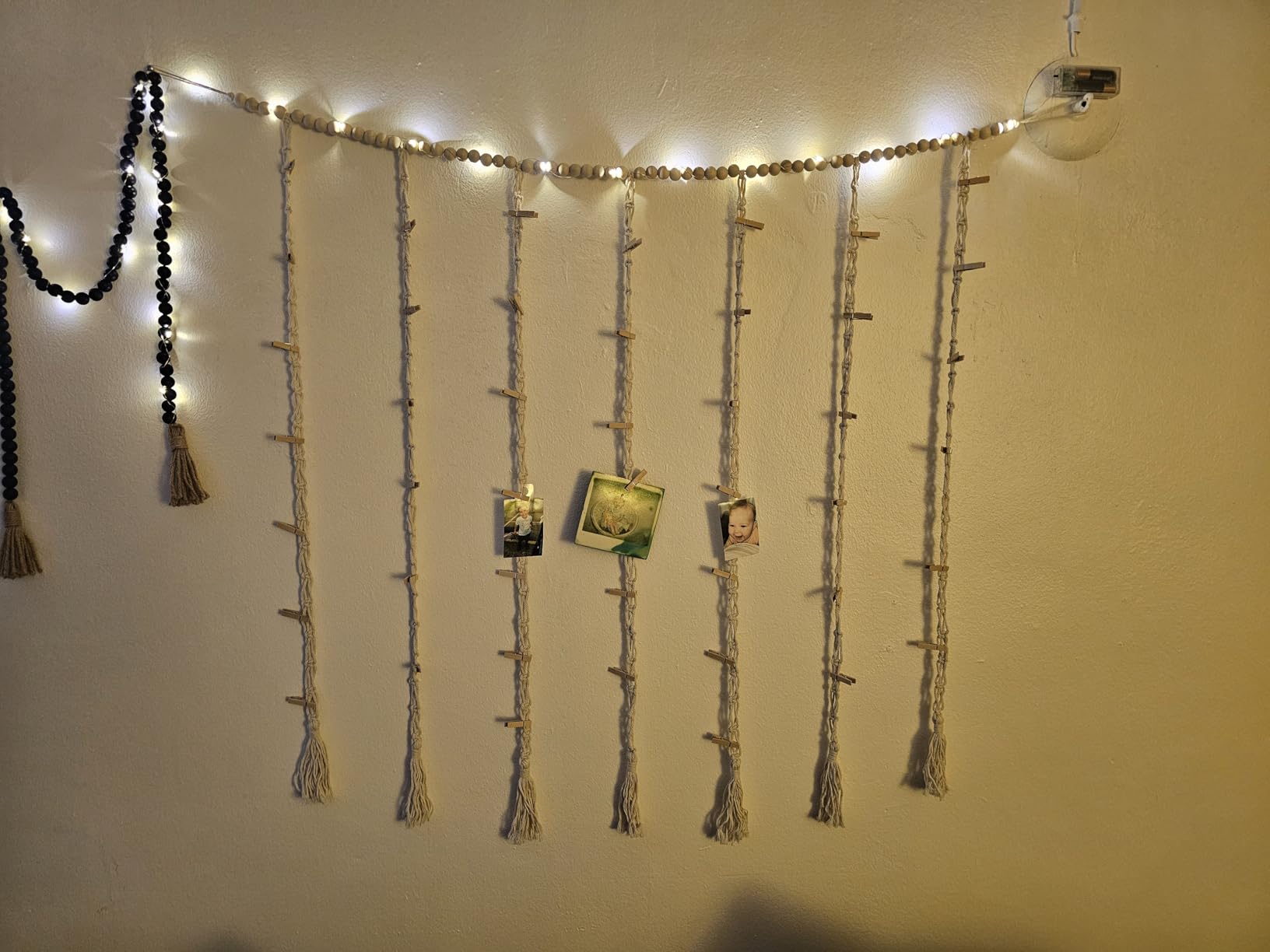 Mkono Hanging Photo Display, Boho Macrame Wall Decor with Lights, Ivory | 45 Clips, String Lights, Teen Girl Stuff Gifts, Wooden Beads Banner, Pictures Postcards Holder, Bedroom Living Room Dorm customer photo 1