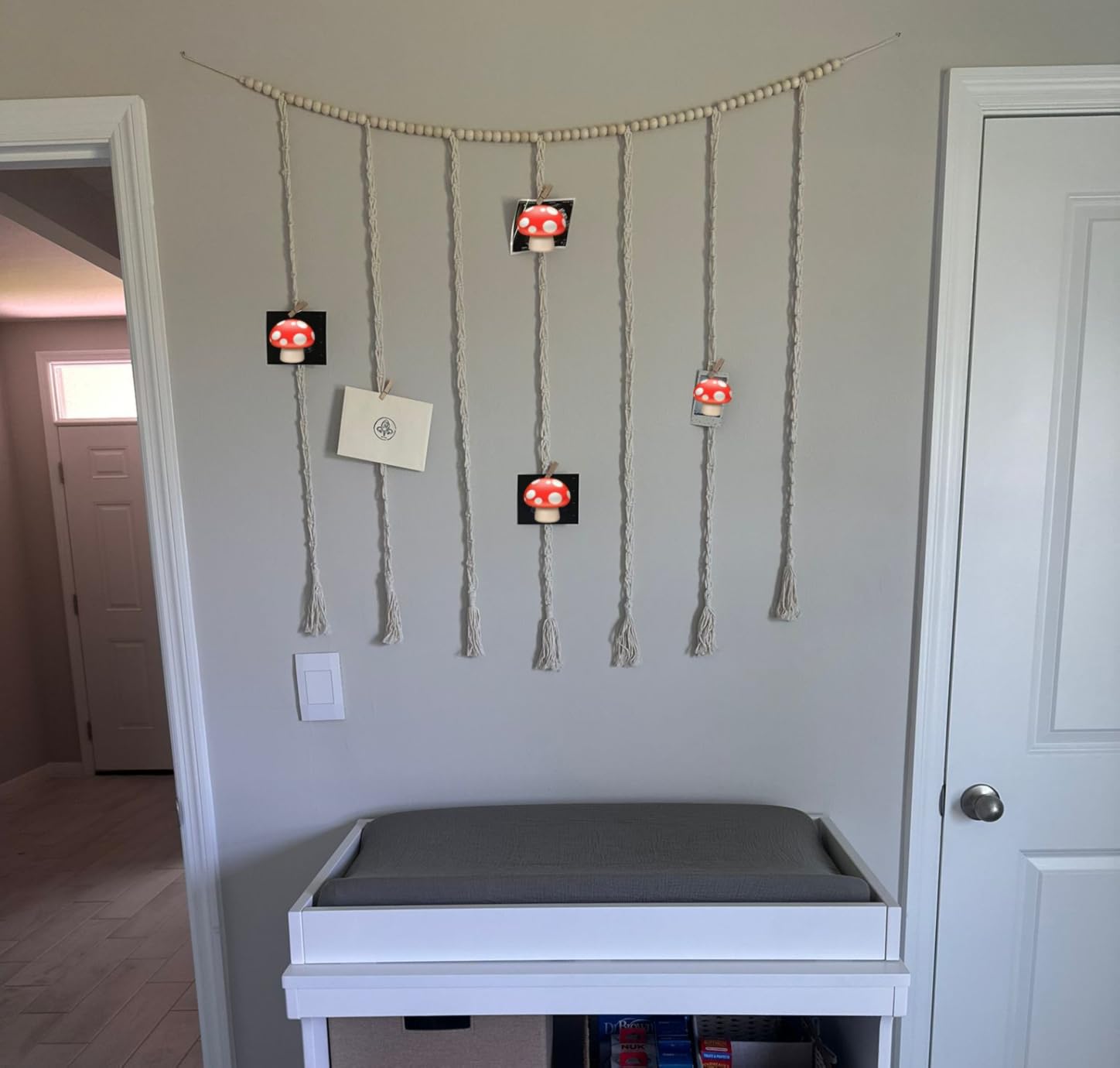 Mkono Hanging Photo Display, Boho Macrame Wall Decor with Lights, Ivory | 45 Clips, String Lights, Teen Girl Stuff Gifts, Wooden Beads Banner, Pictures Postcards Holder, Bedroom Living Room Dorm customer photo 2