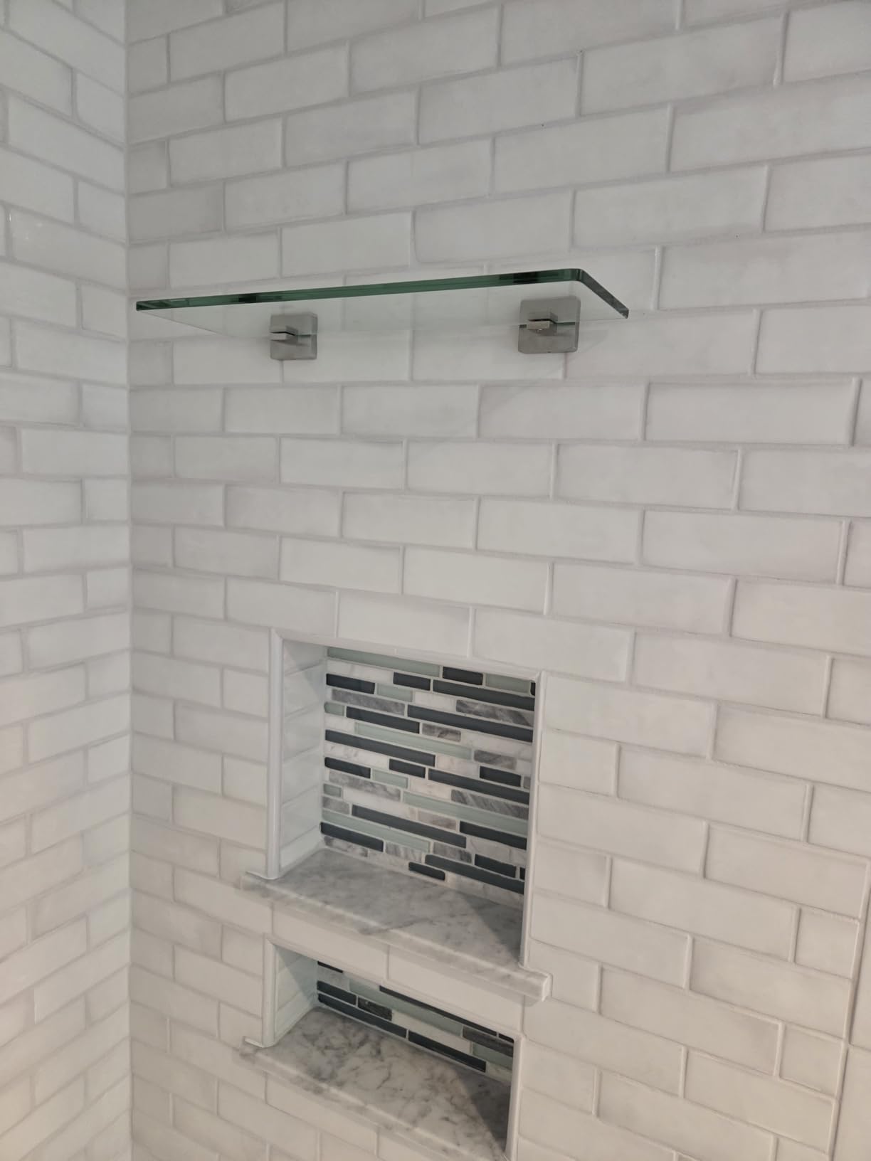 JQK Bathroom Glass Shelf, Floating Tempered Glass Shower Storage 20 by 5 inches, 304 Stainless Steel Brushed Finish Wall Mount, TGS201L20-BN customer photo 1