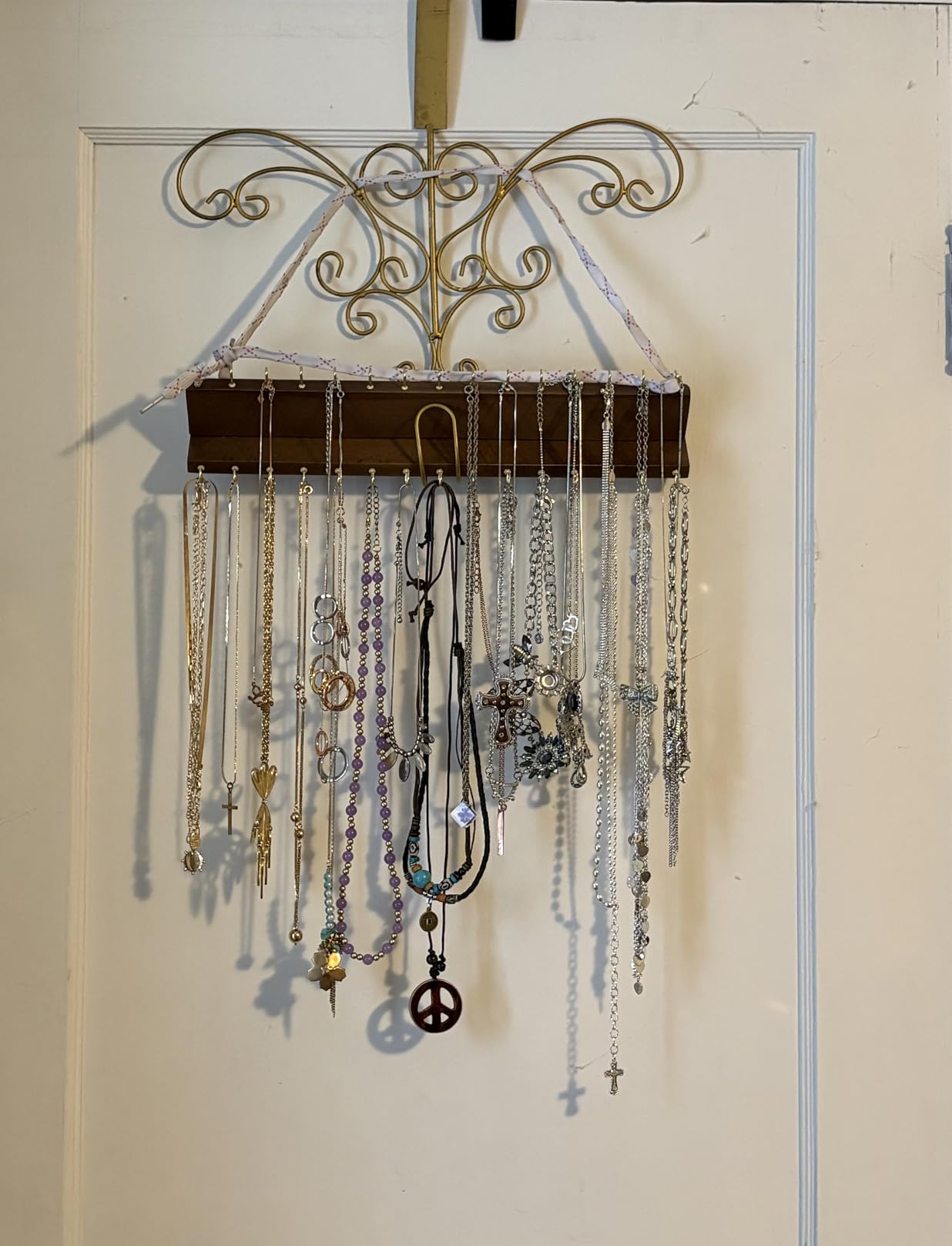 YYILIS Necklace Holder, Upgraded Extra Large Wall Necklace Organizer, 30 Hooks Wall Mounted Necklace Hanger with Jewelry Tray / Cosmetics Shelf Rustic Pine Wood Holder (White) customer photo 2