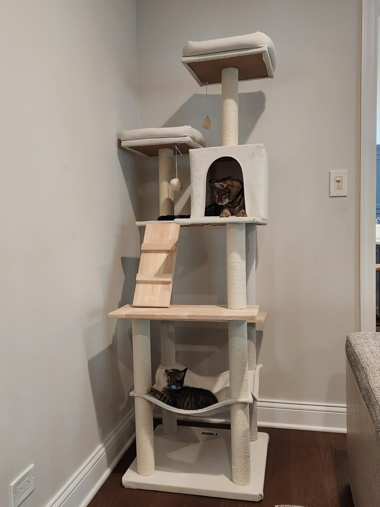 MWPO Large Modern Cat Tree, 70.1-Inch Wood Cat Tower for Indoor Cats, Multi-Level Tall Cat Condo with 2 Padded Perches, Hammock, Scratching Posts, Dangling Toys, Beige customer photo 1