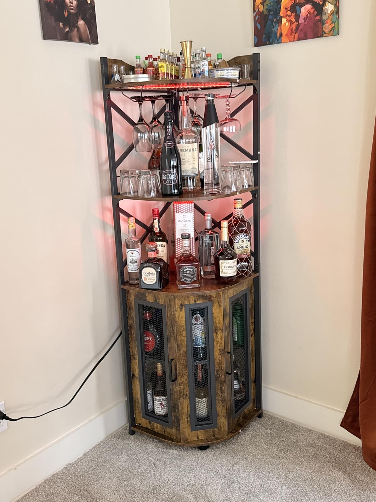 Aheaplus Corner Bar Cabinet with Power Outlet, Industrial Liquor Cabinet | 5-Tiers Wine Cabinet Mini Bar Unit with LED Strip and Glass Holder for Home, Corner Display Cabinet for Small Space, Black customer photo 1