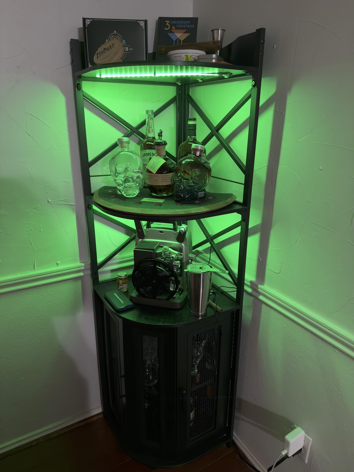 Aheaplus Corner Bar Cabinet with Power Outlet, Industrial Liquor Cabinet | 5-Tiers Wine Cabinet Mini Bar Unit with LED Strip and Glass Holder for Home, Corner Display Cabinet for Small Space, Black customer photo 2