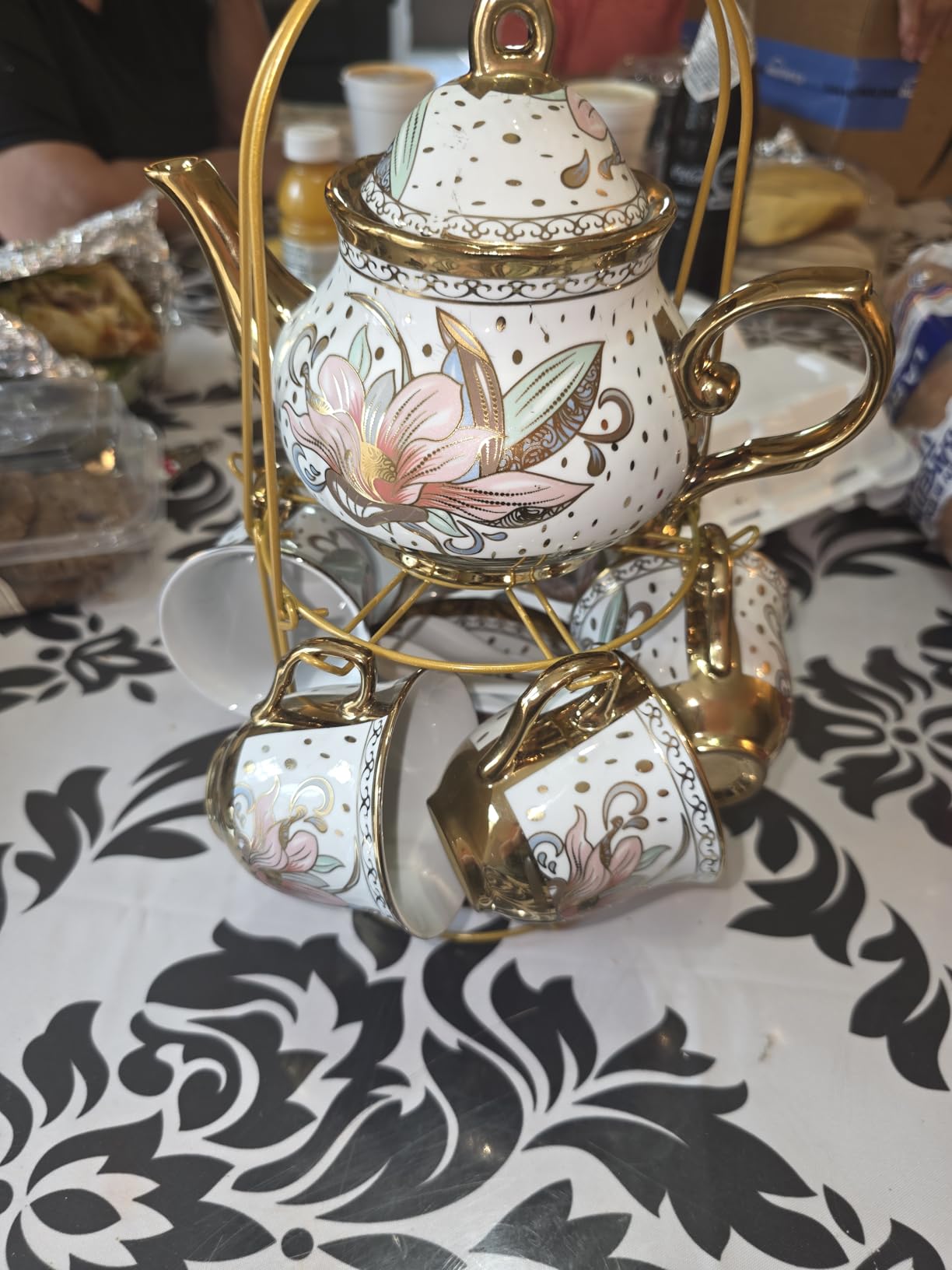 Zhehao 20 Pcs Porcelain Tea Set for Adult, with Metal Holder, Fresh | European Ceramic Tea Party Set for Women, Floral English Teapot Cups Saucers Spoons, Vintage Tea Set Gift, Large Version customer photo 1