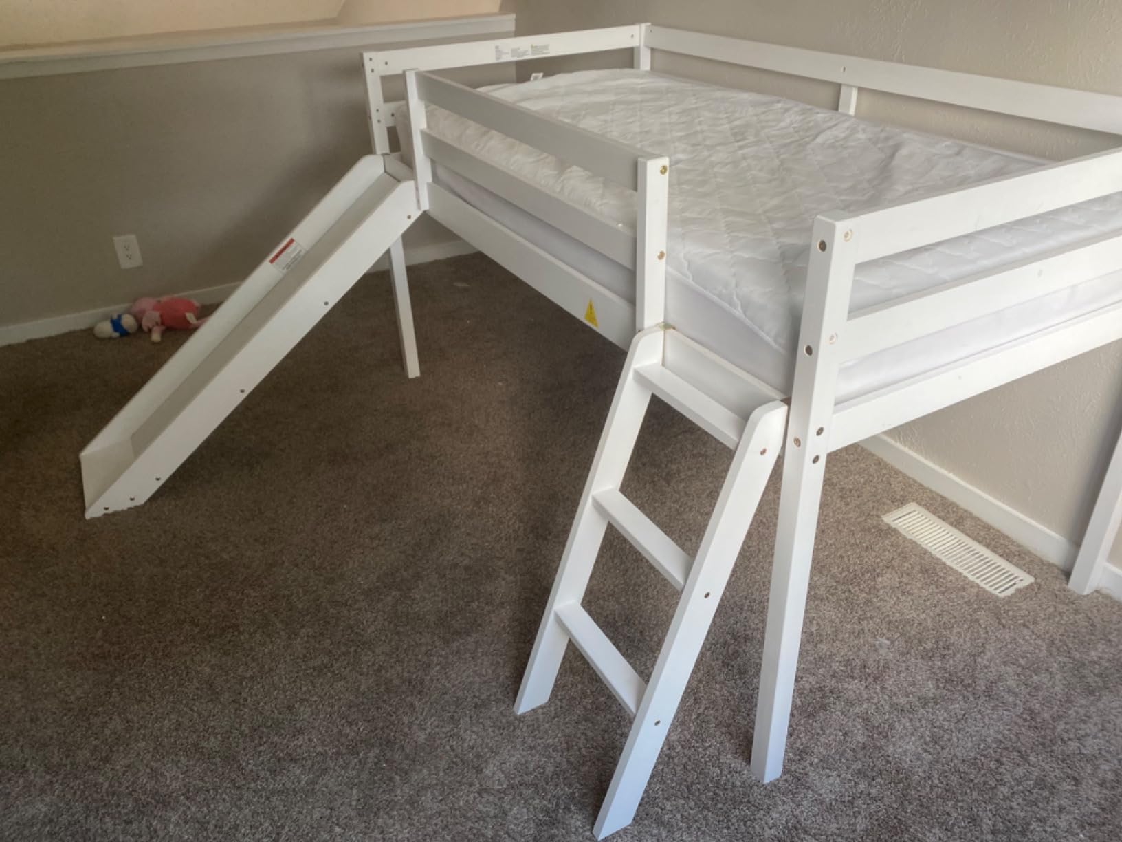 MU Low Bunk Bed with Slide, Twin Over Twin Bunk Bed, Solid Wood Bed Frame with Climbing Ladder & Safety Guard Rail, Floor Loft Bed with Storage Space for Kids Toddler, White customer photo 1