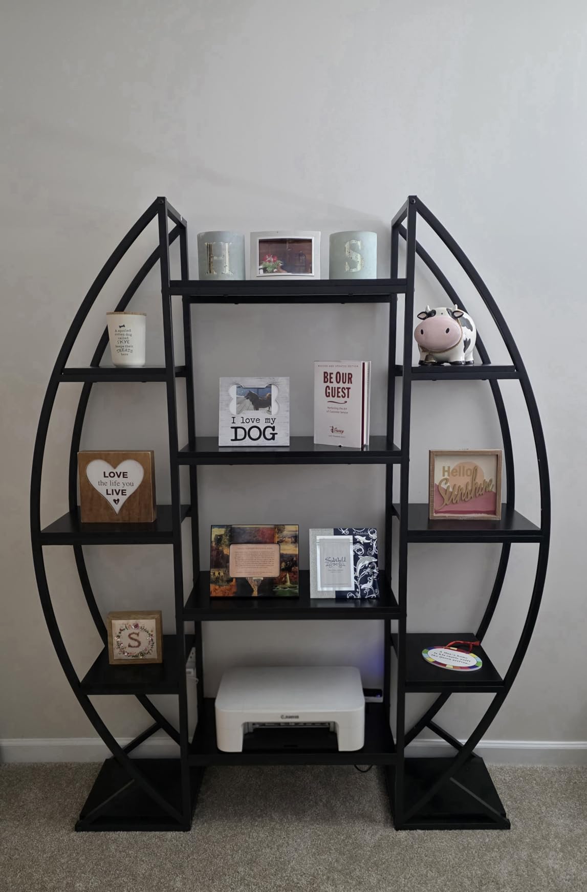 Tribesigns Oval Bookshelf, Triple Wide 5 Tier Etagere Bookcase, Industrial Display Shelves for Living Room (Brown, 55