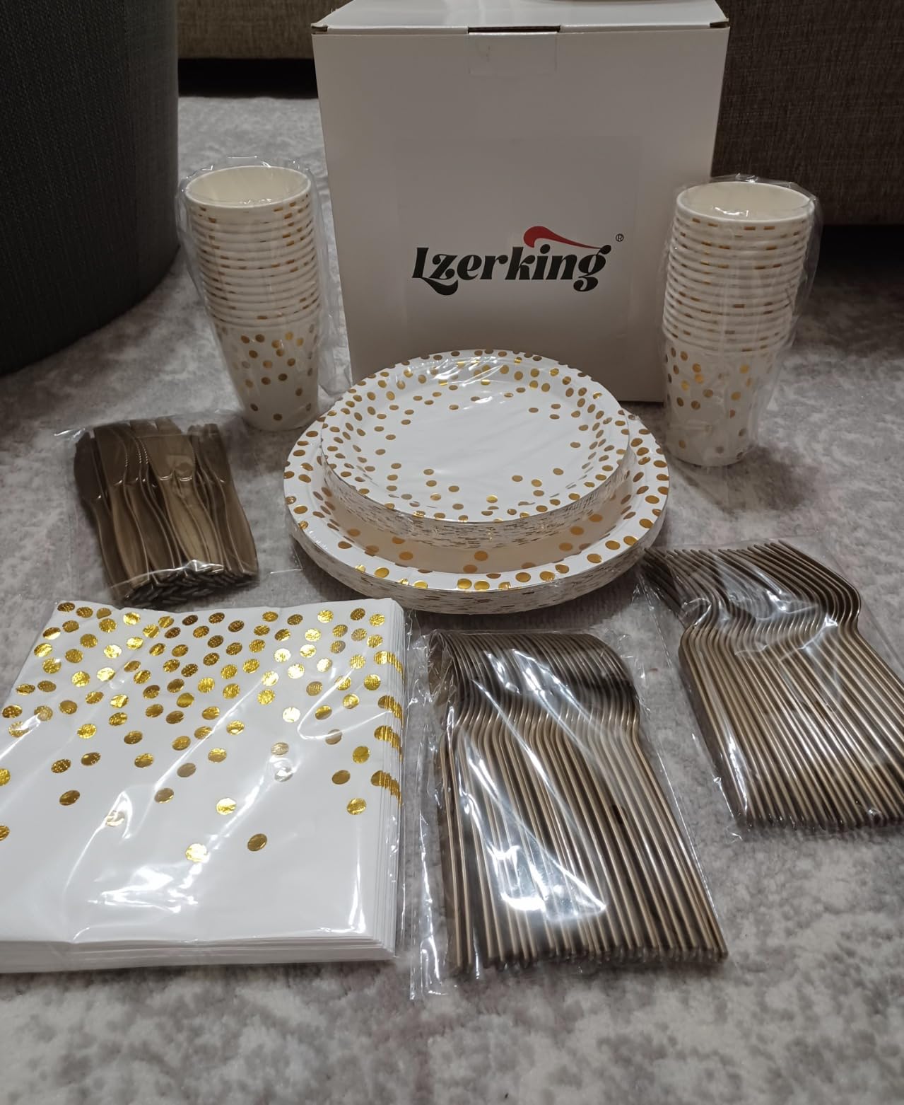 Lzerking Party Supplies Set - 210 Pieces of White and Gold Dot Paper Plates | Cups, Napkins, and Heavy Duty Silverware for 30 Guests for Birthdays, Graduation, Wedding, Festivals customer photo 1