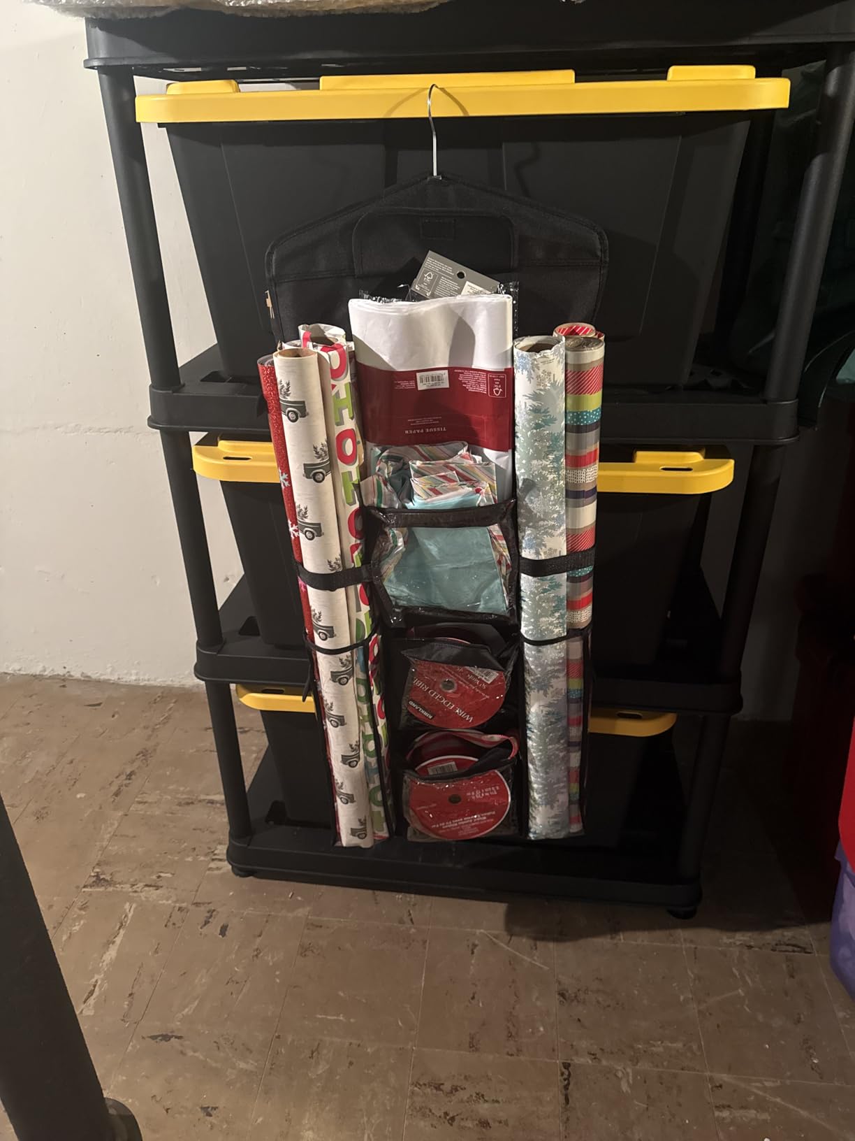 EXLIFBAG Wrapping Paper Storage, Double-Sided Hanging Storage, Black | Gift Wrap Organizer with Over-Door Hook, 600D Oxford Fabric, Clear PVC Pockets, 16 x 41 inch customer photo 1
