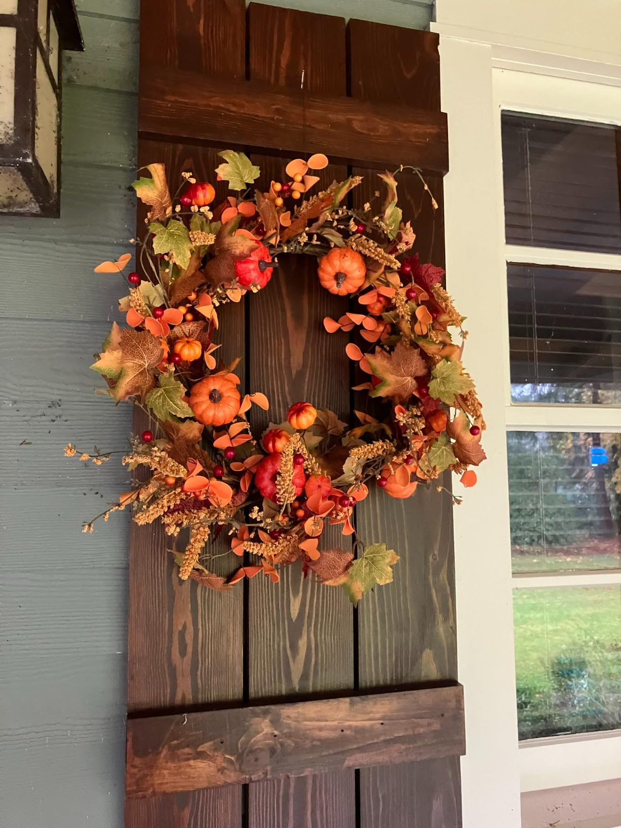 22 inch Artificial Maple Leaf Wreath for Front Door Home Decor | Autumn Wreath with Cape Gooseberry for Farmhouse Indoor Outdoor customer photo 2