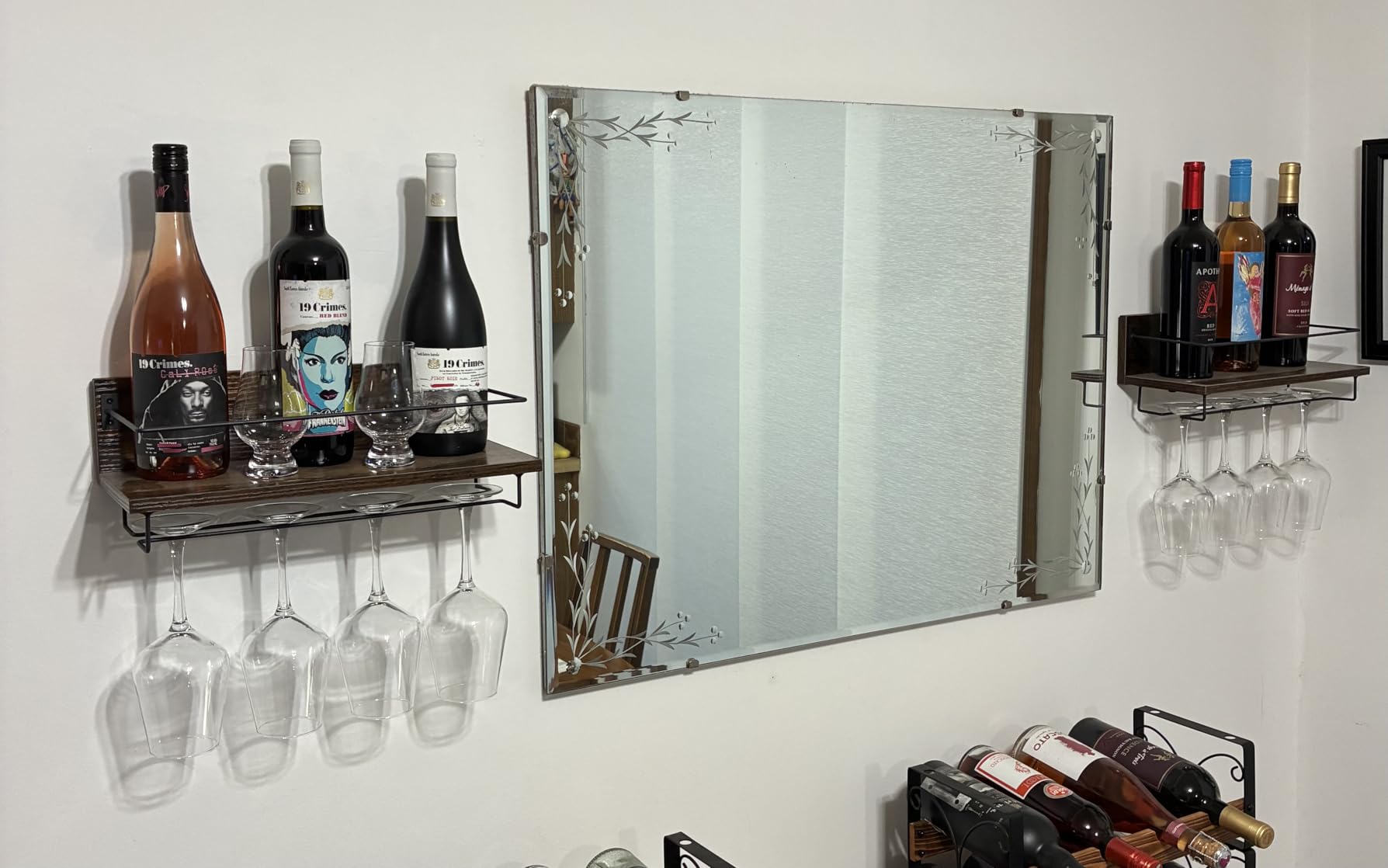 HOOBRO Wall Mounted Wine Rack 2 Pack, Hanging Wine Shelves | Wine Glass Bottle Rack Stemware Holder, Floating Wall Shelves for Storage, for Living Room, Dining Room, Bar, Rustic Brown customer photo 1