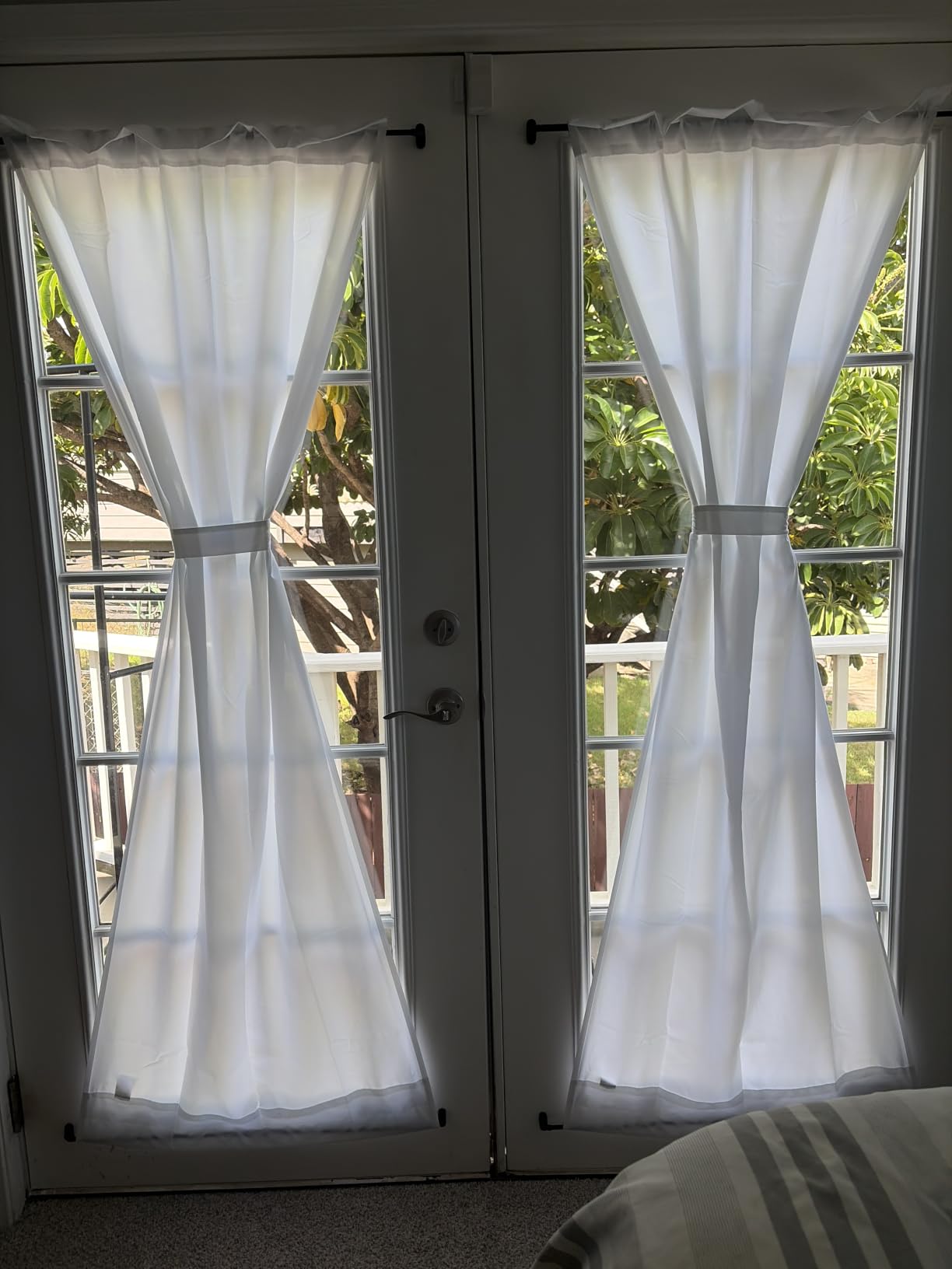 HOMEIDEAS Privacy Sheer Door Curtains for French Door 26x72 Inch White, 2 Panels, Light Filtering, No Drilling, UV Protection, Rod Pocket, with 2 Tiebacks customer photo 2