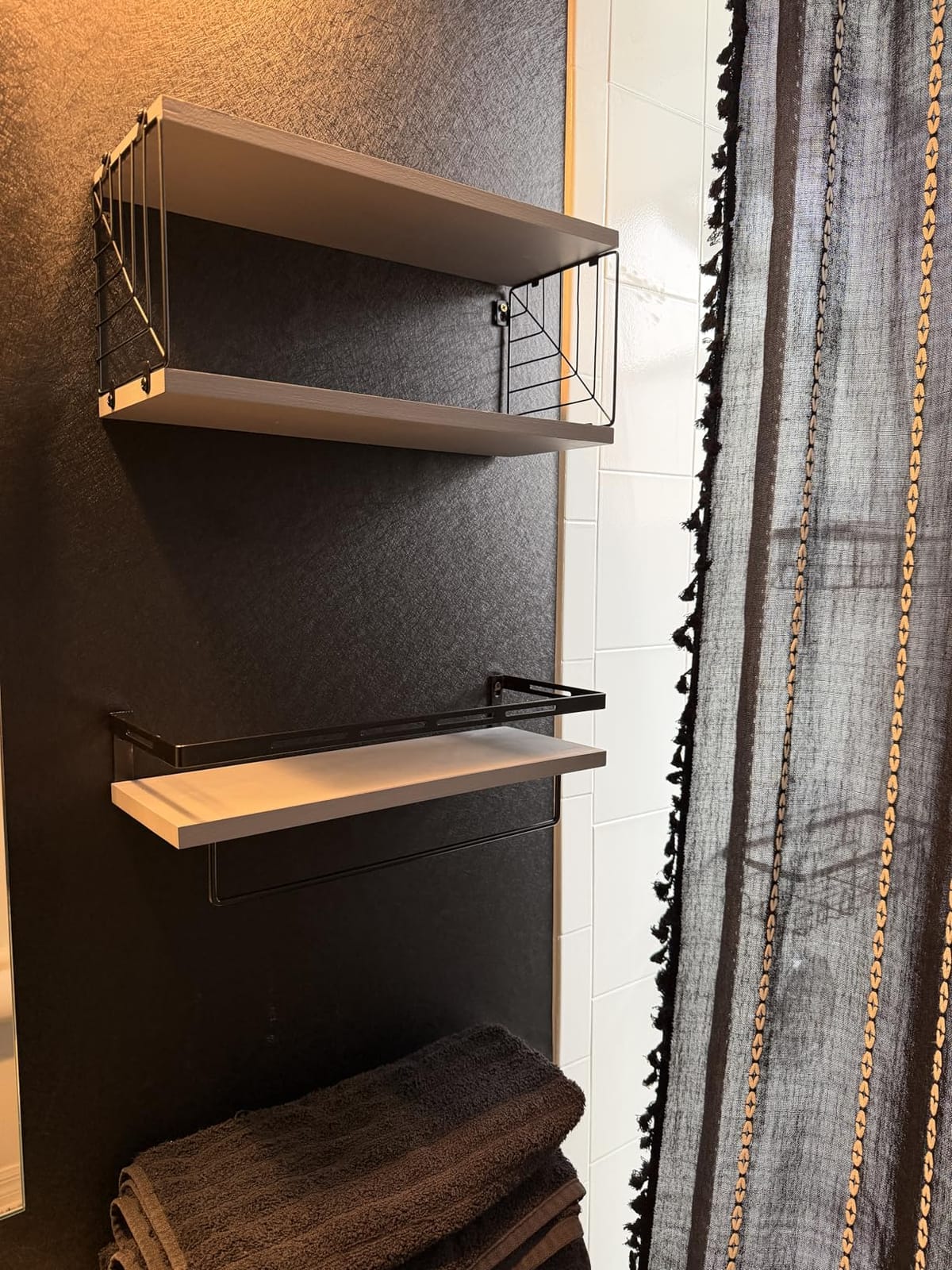 Fixwal Wall Mounted Bathroom Shelves Over Toilet (3+1 Dark Brown) | Wall Shelf with Basket Storage, Towel Bar, Solid Wood, 22Lb Capacity, Easy DIY Install customer photo 1