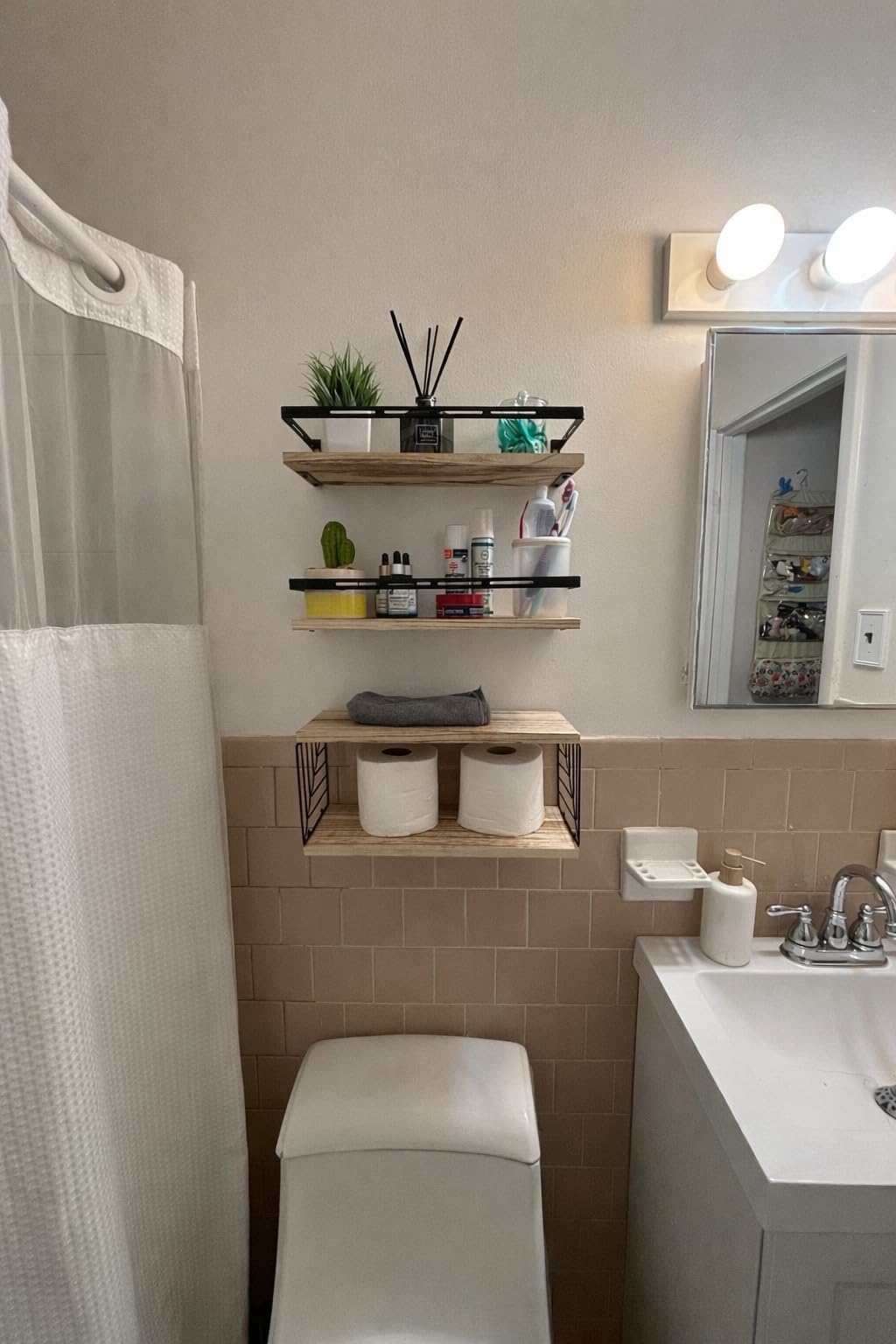 Fixwal Wall Mounted Bathroom Shelves Over Toilet (3+1 Dark Brown) | Wall Shelf with Basket Storage, Towel Bar, Solid Wood, 22Lb Capacity, Easy DIY Install customer photo 2