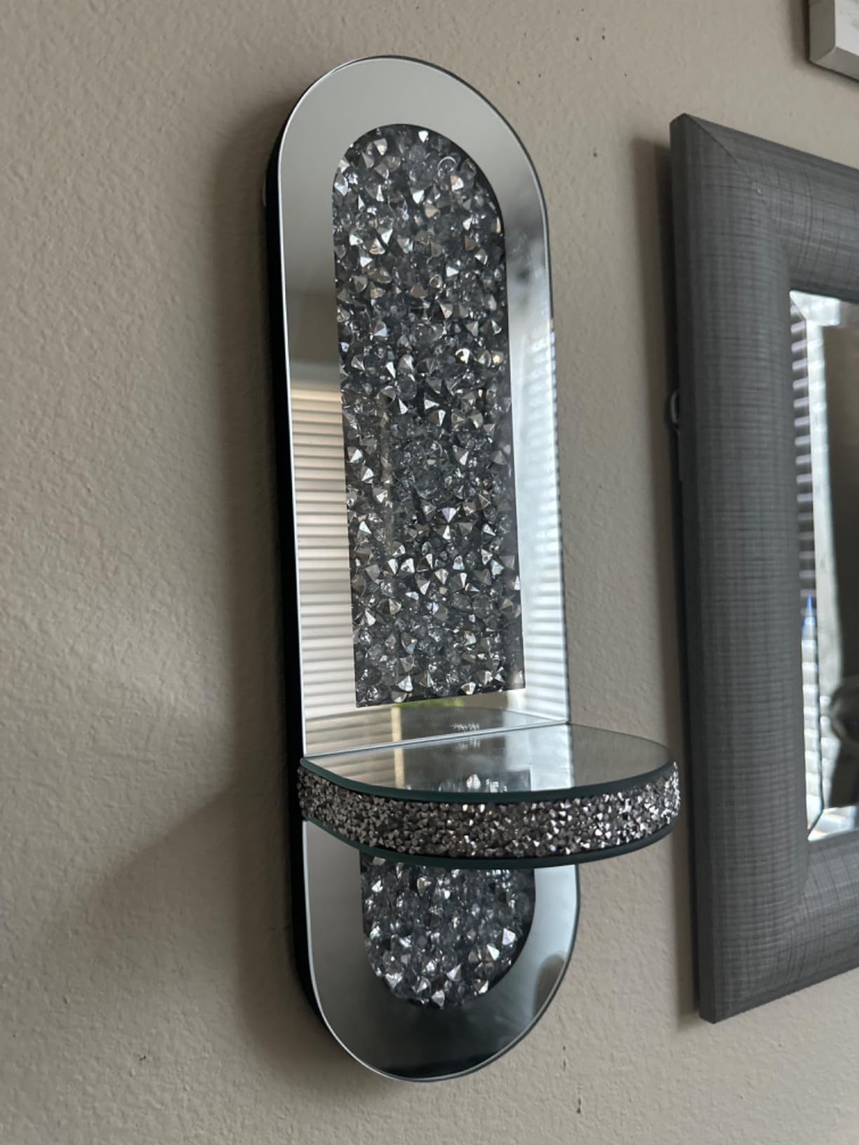 Crystal Crushed Diamond Mirrored Candle Sconces Set of 2, Glam Silver Wall Candle Holders for Living Room Bedroom Hallway Decor Large Wall Mounted Mirror Candle Holder with Sparkly Crystal Shelf customer photo 1