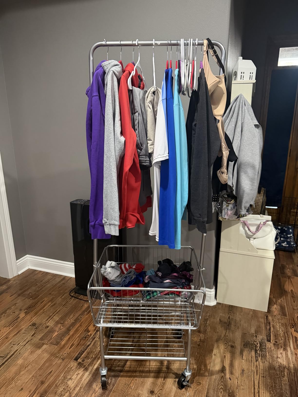 Tajsoon Rolling Laundry Cart with Hanging Rack & Laundry Basket, Black | Metal Commercial Laundry Cart with Wheels, Laundry Hamper Sorter with Storage Basket & Shelf, Laundry Room, Bathroom, Bedroom customer photo 1