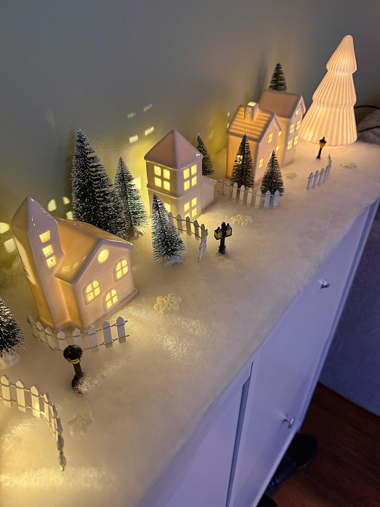Fovths 39 Pieces LED Lighted Ceramic Winter Village Building Figurines and Accessories Desktop Ornament Set for Holiday Party Decor customer photo 2