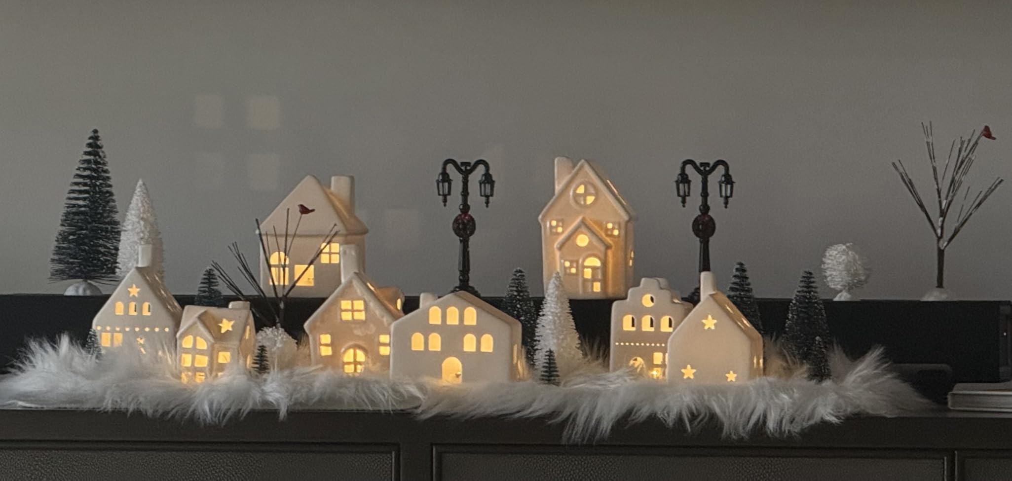 Cindeer 26 Pcs Ceramic Christmas Village Set LED Lighted White, Classic | 8 Lighted Ceramic Houses 16 Trees 2 Lamp Posts, Farmhouse Snow Scene for Mantel Tabletop, Porcelain Holiday Display customer photo 1