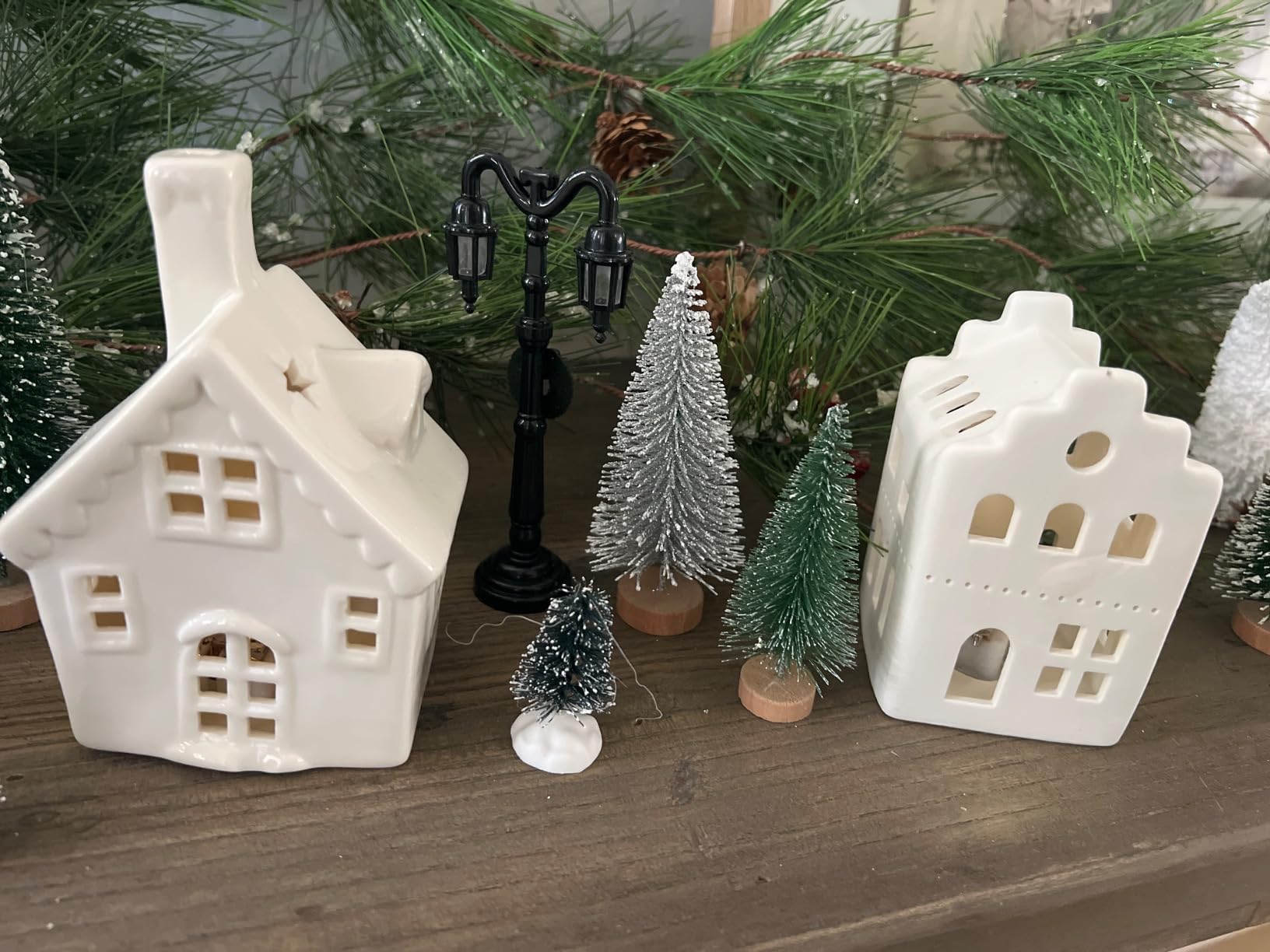 Cindeer 26 Pcs Ceramic Christmas Village Set LED Lighted White, Classic | 8 Lighted Ceramic Houses 16 Trees 2 Lamp Posts, Farmhouse Snow Scene for Mantel Tabletop, Porcelain Holiday Display customer photo 2