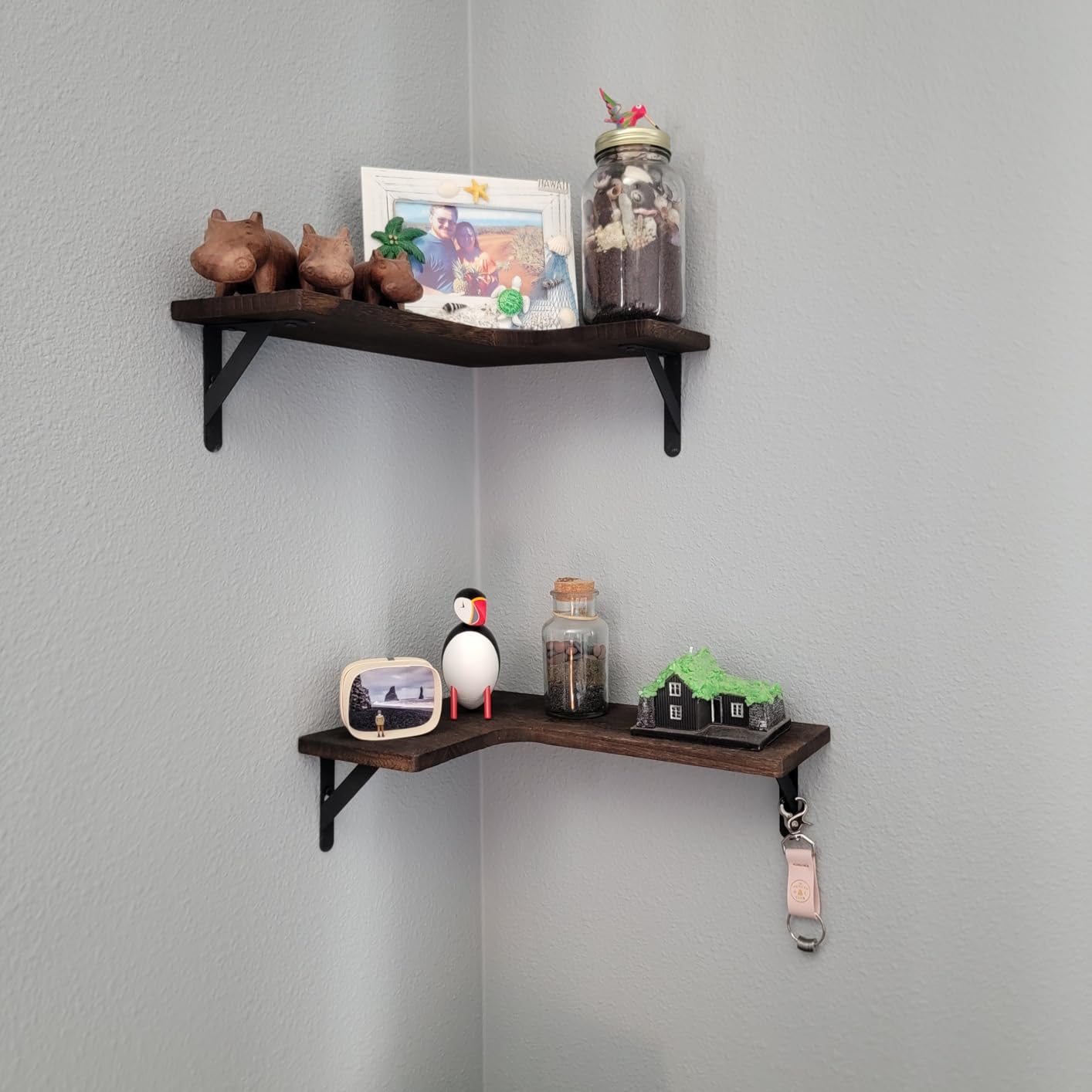 Amada Corner Floating Shelves, Paulownia Wood, Set of 4, Brown | Corner Wall Shelves with Triangular Metal Bracket, 44 lbs Capacity per Shelf, L-Shaped Design for Home Decor, Office, Bedroom customer photo 1