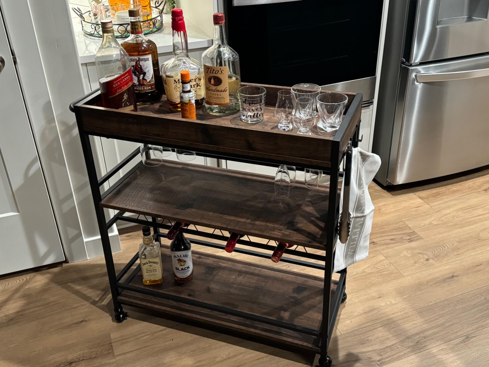 BON AUGURE Bar Cart for The Home, Bar Serving Carts on Wheels, 3 Tier Storage Drink Trolley, Rolling Wood and Metal Liquor Beverage Cart (Vintage Oak) customer photo 1