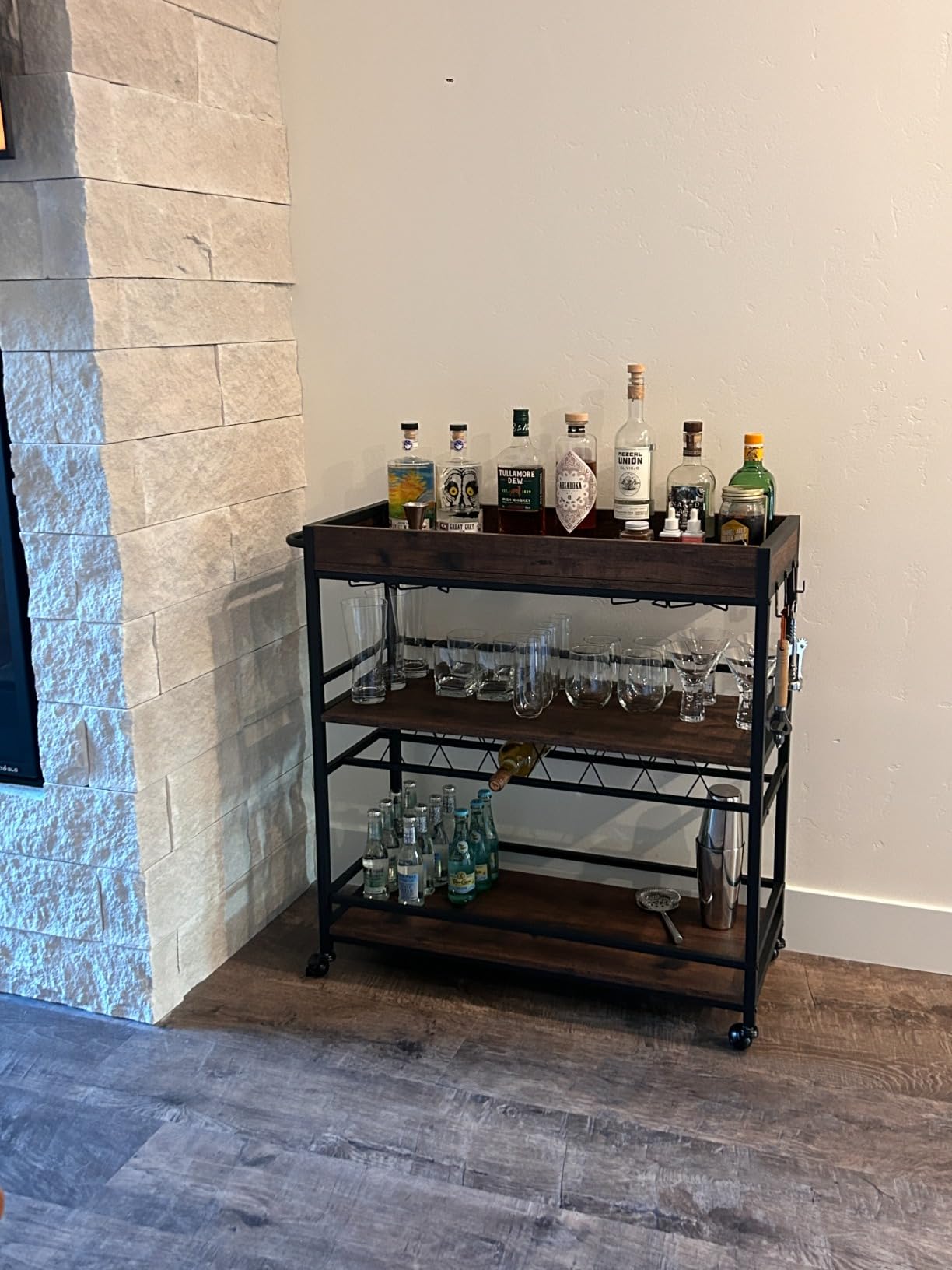 BON AUGURE Bar Cart for The Home, Bar Serving Carts on Wheels, 3 Tier Storage Drink Trolley, Rolling Wood and Metal Liquor Beverage Cart (Vintage Oak) customer photo 2