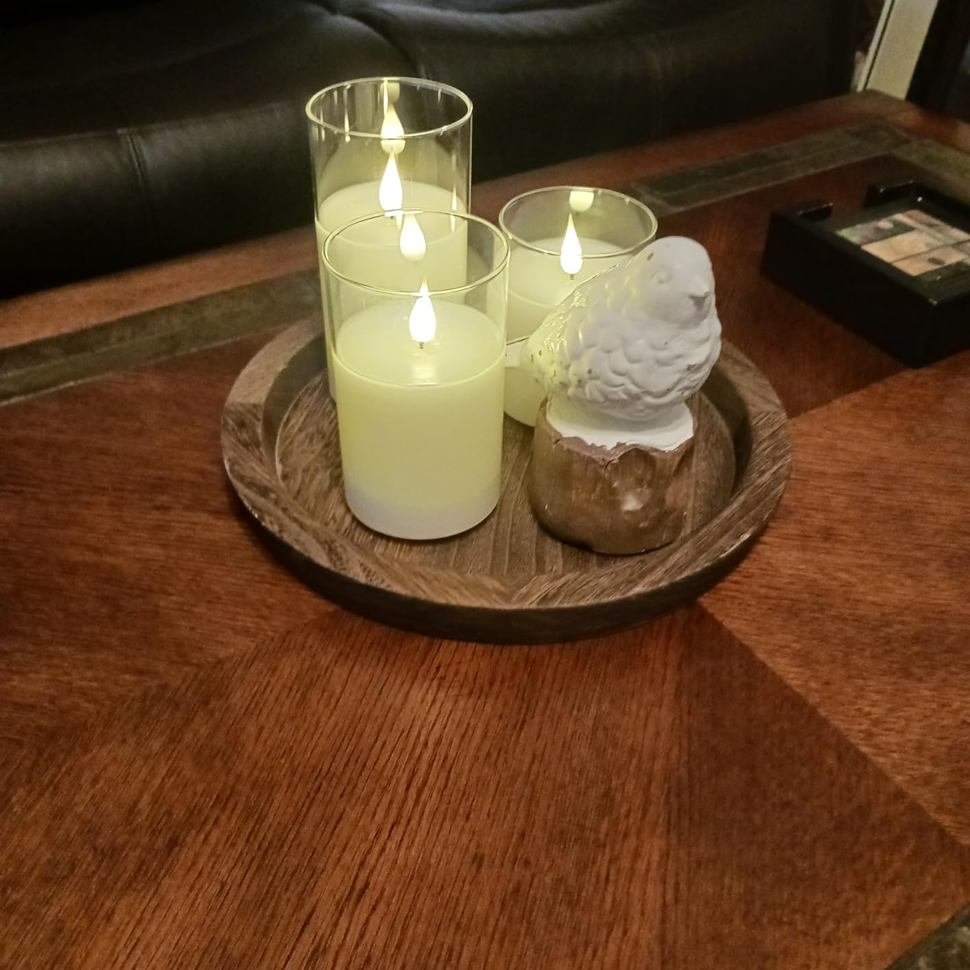 Hanobe Candle Plate Holder Tray: Round Wood Decorative Candle Plate - Rustic Farmhouse Coffee Table Decor - Tealight Pillar Trays for Home Decor (Distressed) customer photo 1