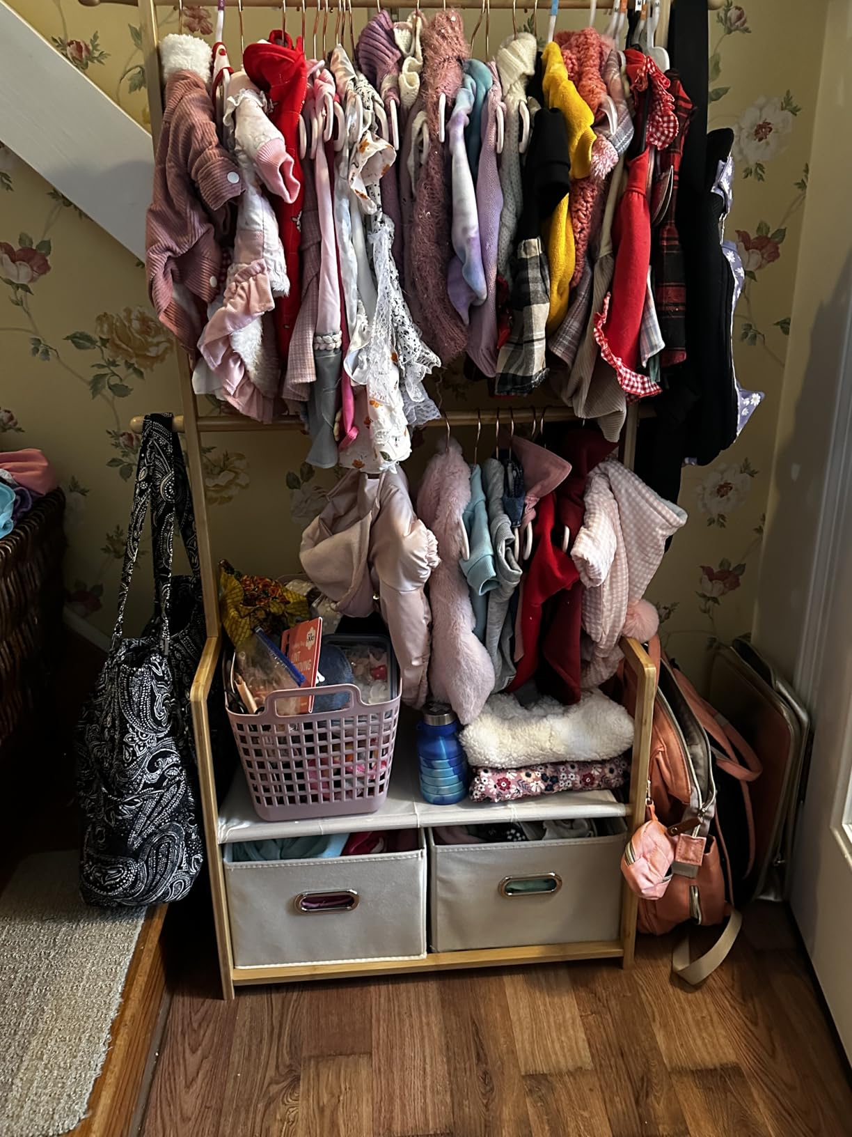 Bamboo Kids Clothing Rack: Holds Up To 121 Lbs of Dress-Up Clothes | 2 Adjustable Hanging Rods & 2 Storage Baskets With Shelf - Child Garment Holder for Playroom & Toddler Bedroom (Natural) customer photo 1
