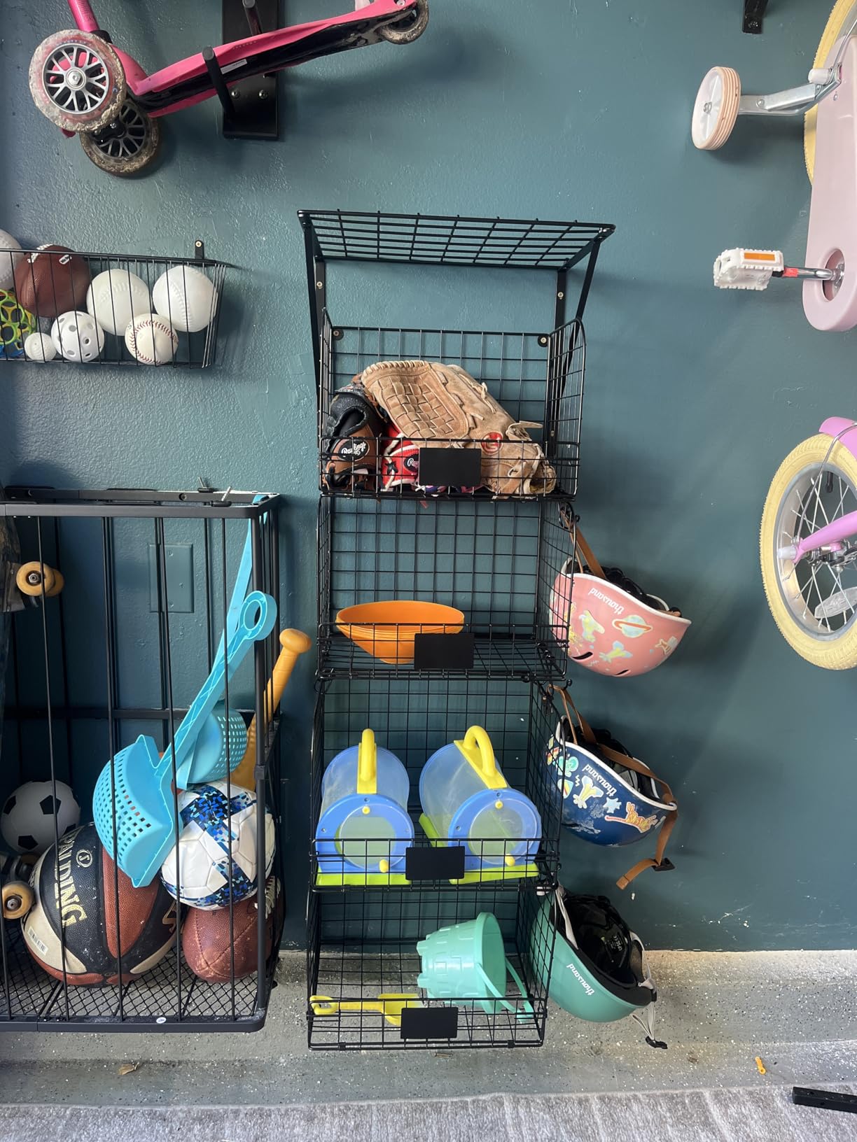 ThreeHio Garage Shelf Wall Mounted with Wire baskets, Heavy Duty Garage Wall Shelving with Garden Tool Rack and Hooks, Wire Shelf Baskets Tool Organizer for Home Garden Yard Organization and Storage customer photo 1