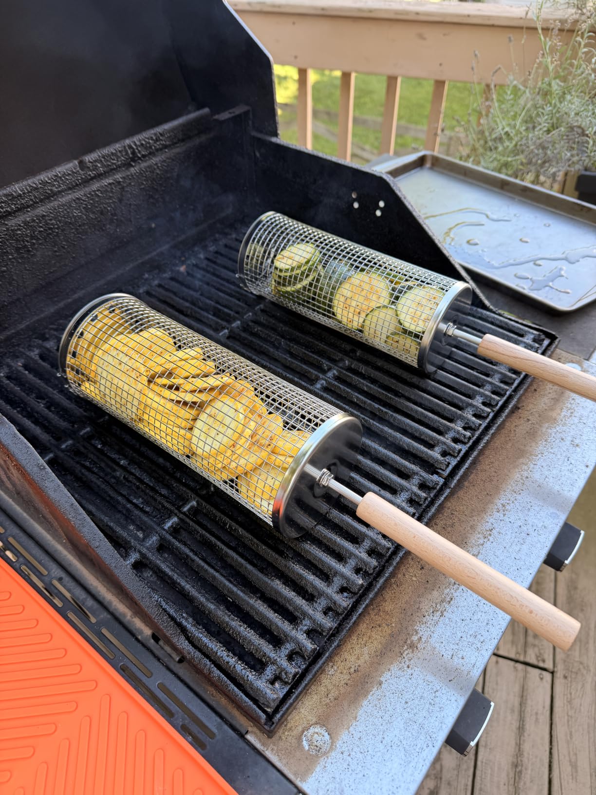 ivtivfu Rolling Grill Basket, Removable Wooden Handle, Nesting BBQ Tools | 304 Stainless Steel, Smoker Grilling Accessories for Vegetable, Outdoor Cooking Camping, Birthday Gifts for Men Dad Husband customer photo 2
