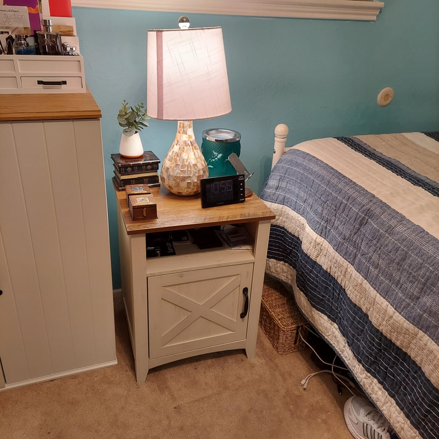 VASAGLE Farmhouse Nightstand with Barn Door, Bedside Table, Set of 2 | Side End Table with Storage, Set of 2, Open Compartment, Rustic White and Honey Brown, LIRY Collection ULET809K41 customer photo 1