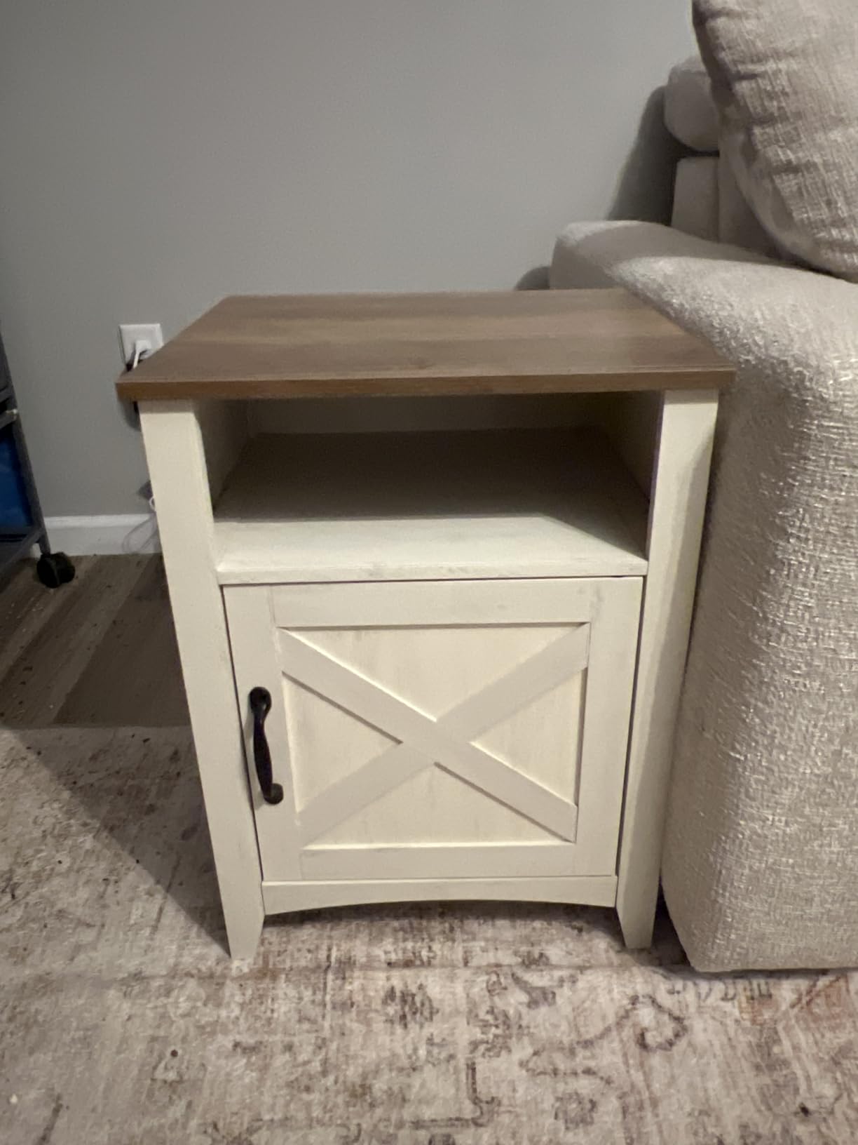 VASAGLE Farmhouse Nightstand with Barn Door, Bedside Table, Set of 2 | Side End Table with Storage, Set of 2, Open Compartment, Rustic White and Honey Brown, LIRY Collection ULET809K41 customer photo 2