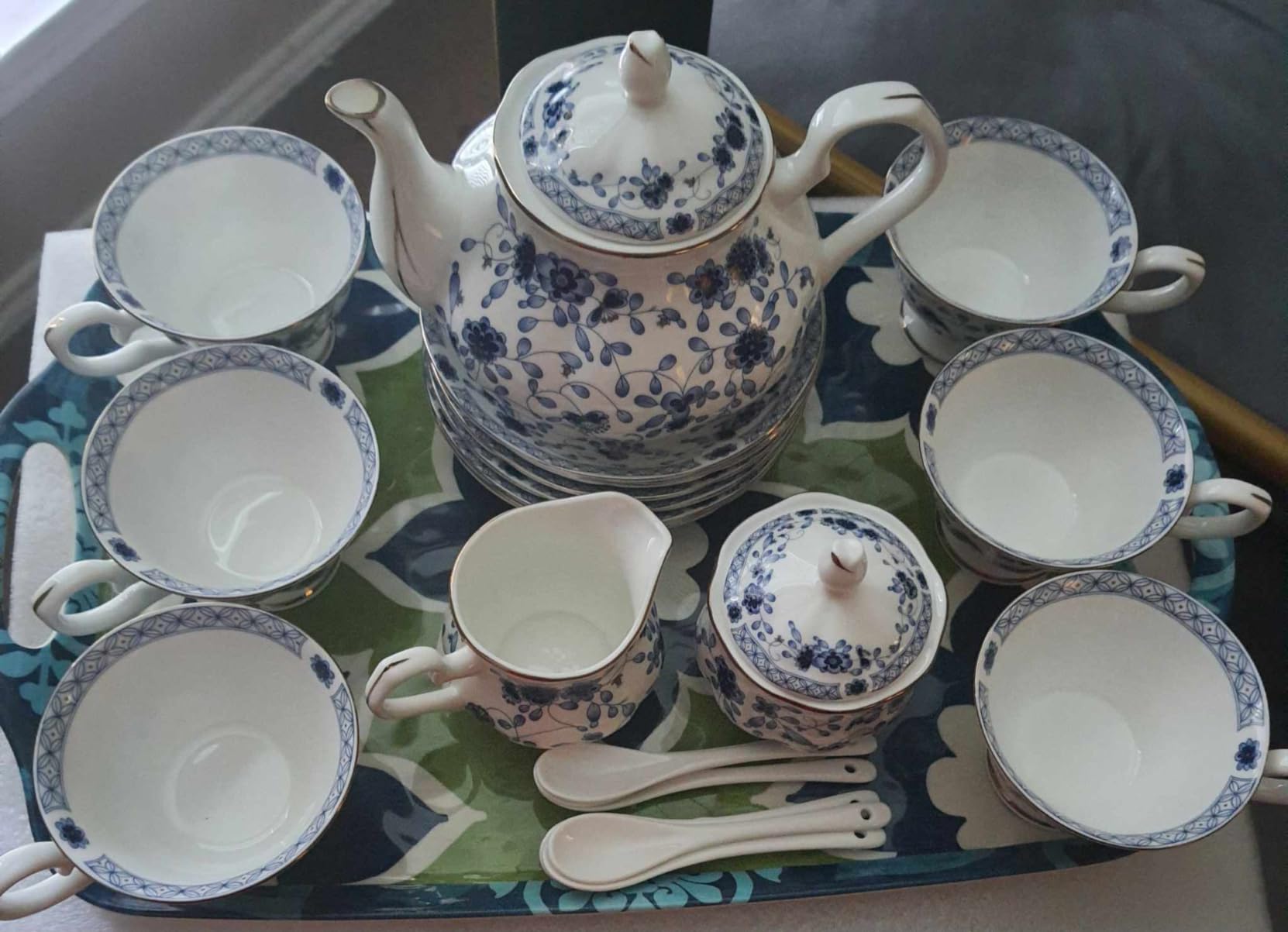 Bone China Tea Set, 21-Pieces Porcelain Tea Set for Adults, Tea Cups And Saucers for 6, with Teapot, Spoons, Sugar Bowl, Creamer Pitcher, Vintage Tea Set for Women Tea Party, Gift Box (Blue) customer photo 2