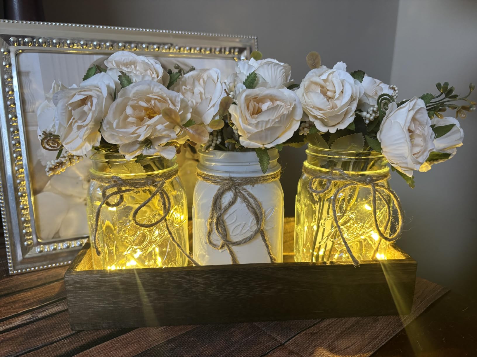 3 Pcs Mason Jar Centerpiece Table Decorations for Dining Table Decor Farmhouse Coffee Table Decor with Wood Tray and Led Light Table Centerpieces for Dining room Kitchen Living Bathroom, Orange customer photo 2