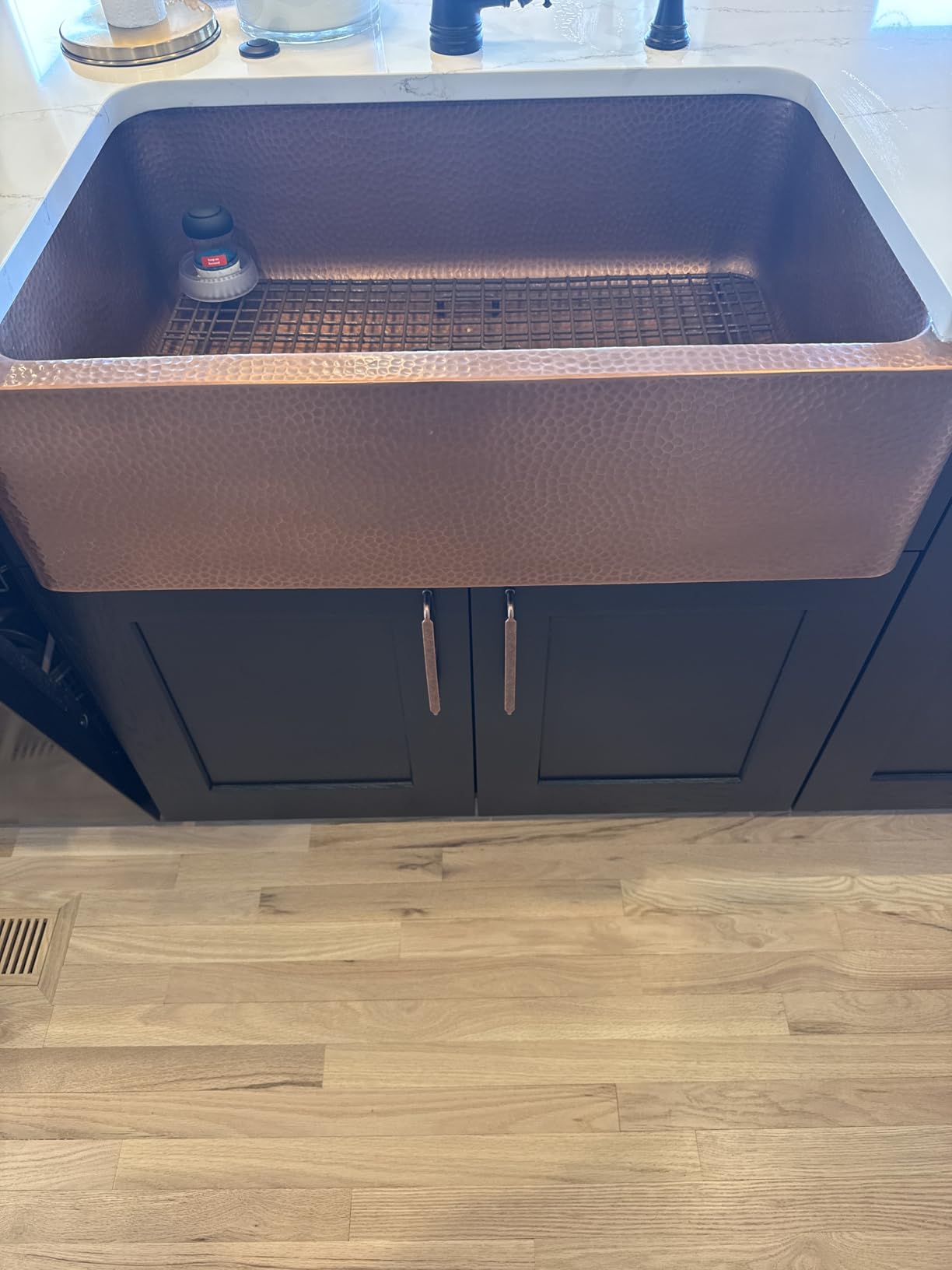 Sinkology Lange 32 in Copper Farmhouse Sink, Apron Front Single Bowl | Hand-hammered 17-gauge solid copper, antique copper patina, fits 36 in cabinet, undermount apron install customer photo 1