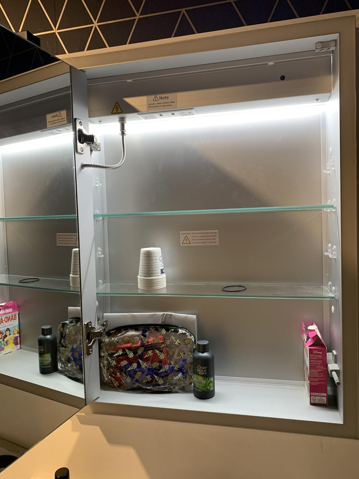 LED Medicine Cabinet with Mirror, 24x32 Surface or Recessed Lighted Medicine Cabinet with Mirror, Dimmable Fogless Aluminum Medicine Cabinet with Outlet, Time Display& Built-in Sensing Light customer photo 1