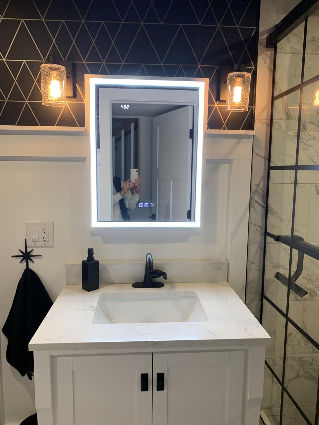 LED Medicine Cabinet with Mirror, 24x32 Surface or Recessed Lighted Medicine Cabinet with Mirror, Dimmable Fogless Aluminum Medicine Cabinet with Outlet, Time Display& Built-in Sensing Light customer photo 2