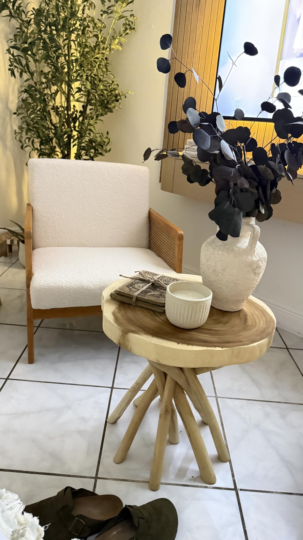 Yaheetech Rattan Accent Chairs Set of 2, Boho Vintage Armchairs, Ivory | Boucle Fabric Chair, Upholstered Reading Chair with Wood Armrest and Legs for Living Room Bedroom Reception Waiting Room customer photo 1