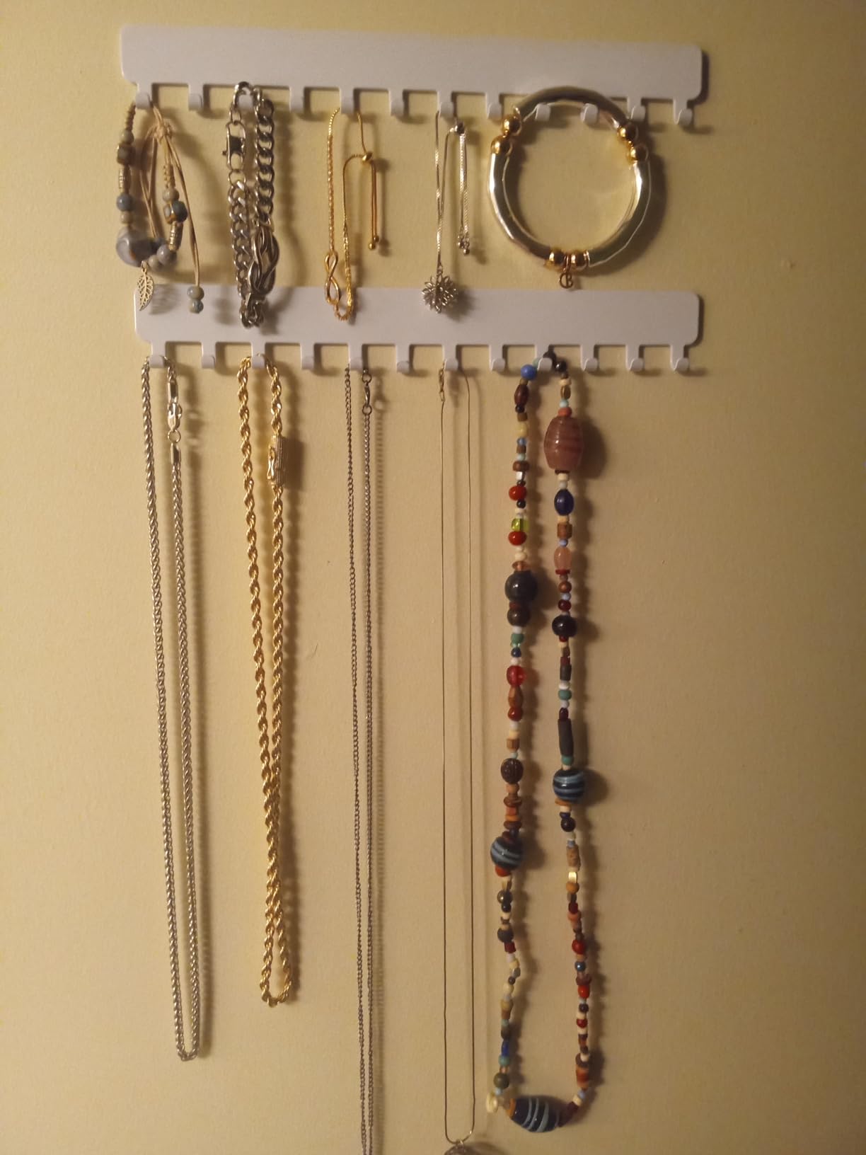 Necklace Hanger Wall Mounted, Self Adhesive Jewelry Holder, 2 Pack, White, 24 Hooks for Jewelry, Self Adhesive No Drilling, Durable Metal Design, for bedroom/closet/bathroom/vanity customer photo 2