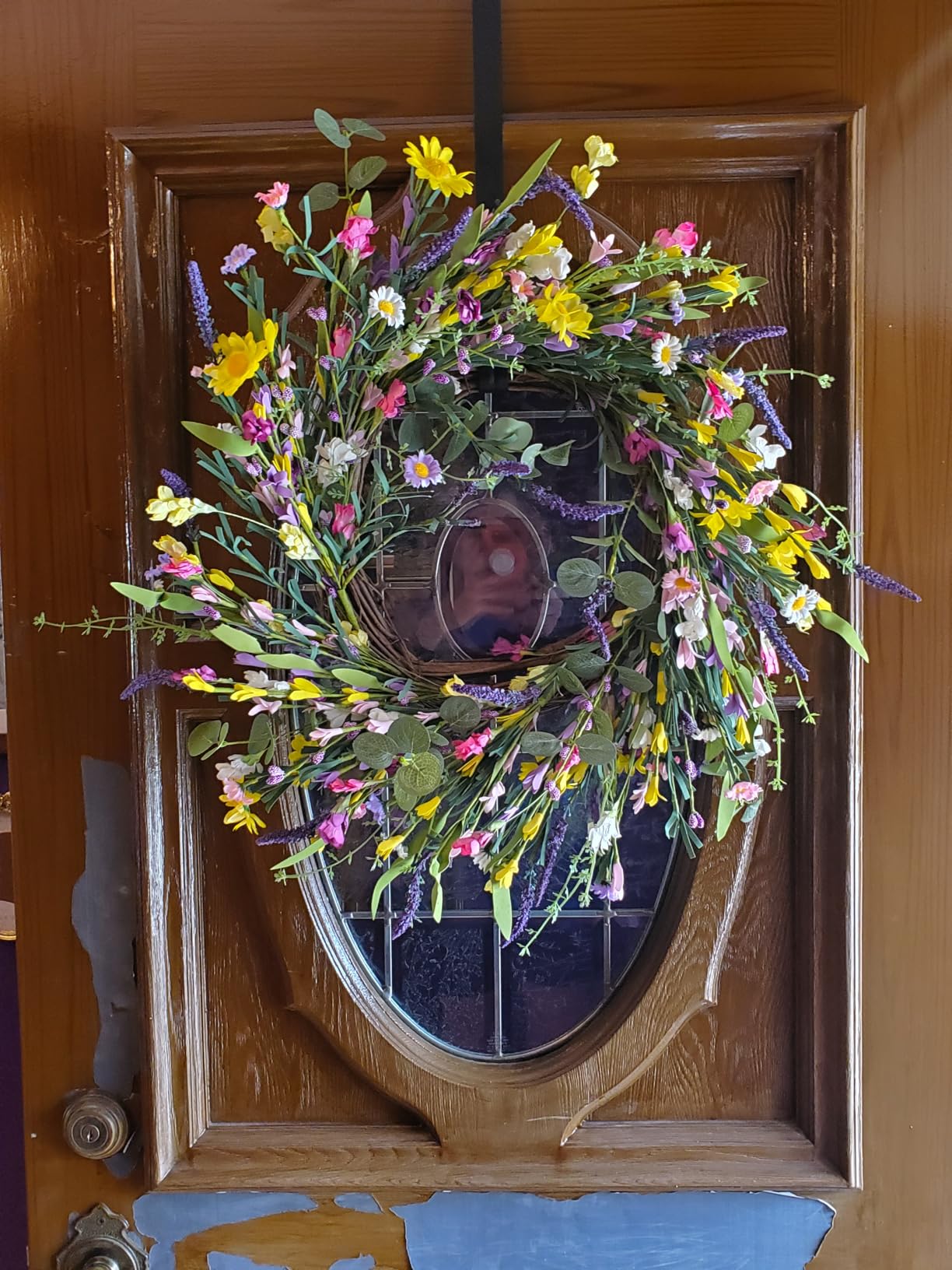 J'FLORU Spring Wreaths for Front Door 22 Inch Artificial Summer Wreath Daisy and Lavender Wreath with Wildflowers for Home Wall Farmhouse Springtime Easter Holiday Party customer photo 1