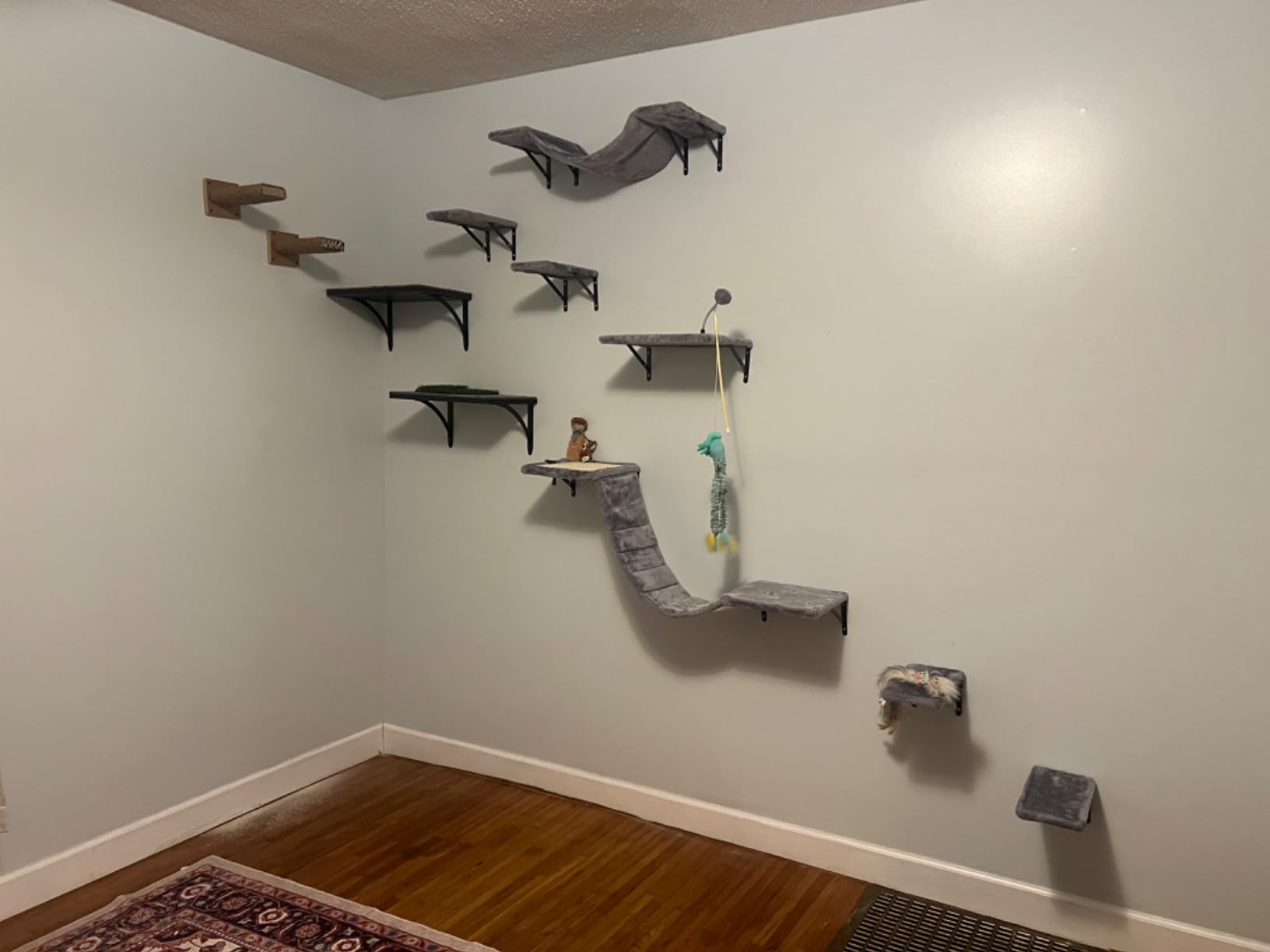 Wall-Mounted Cat Climber Set with Climbing Shelves, Perches, Bridge, Hammock, Scratching Board & Ball - 7 Pcs Wood Indoor Cat Furniture for Kittens Play (Dark Grey) customer photo 1