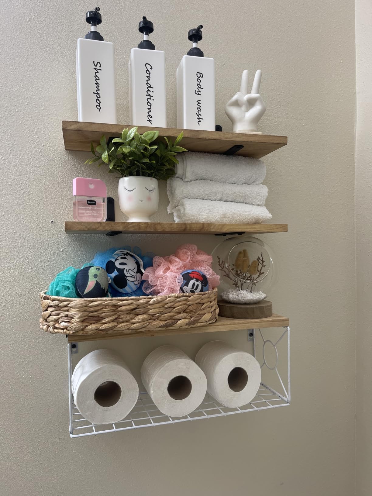Amada Bathroom Shelves with Storage Basket, Set of 3, Natural Wood | Floating Wall Shelf, Solid Paulownia Wood, 22 lbs Capacity per Shelf customer photo 1