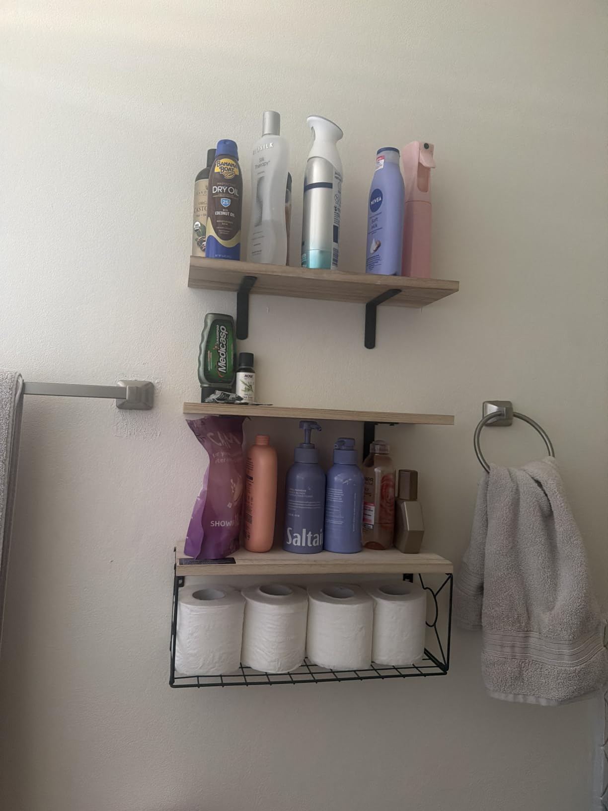 Amada Bathroom Shelves with Storage Basket, Set of 3, Natural Wood | Floating Wall Shelf, Solid Paulownia Wood, 22 lbs Capacity per Shelf customer photo 2