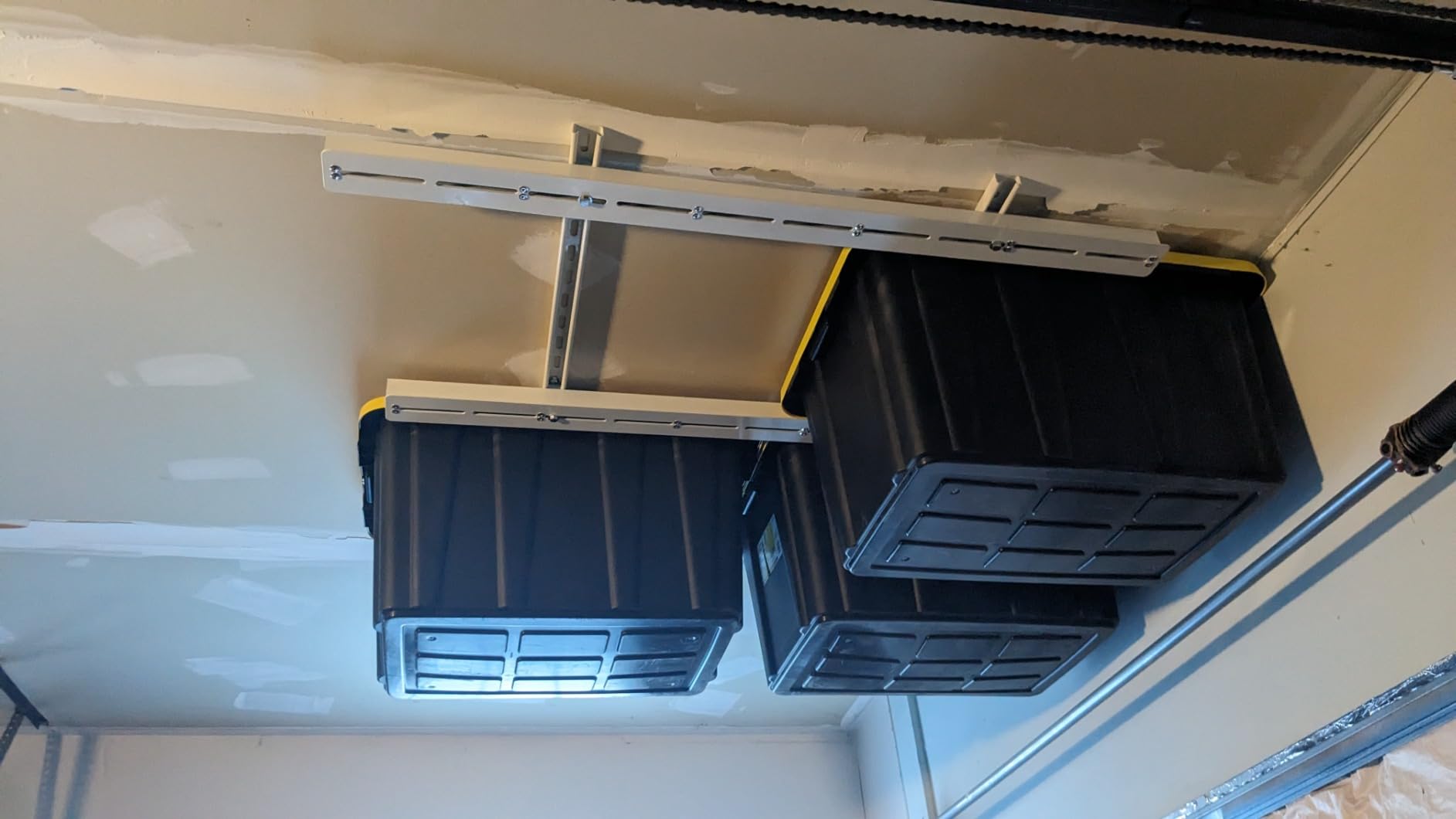 TORACK Garage Ceiling Bin Storage Rack, Overhead Tote Storage Rails System | Heavy Duty, Adjustable, Tote Slide Rails, Garage Bins Storage, Holds 4 27-Gallon Totes, Black, Bins are not included customer photo 1