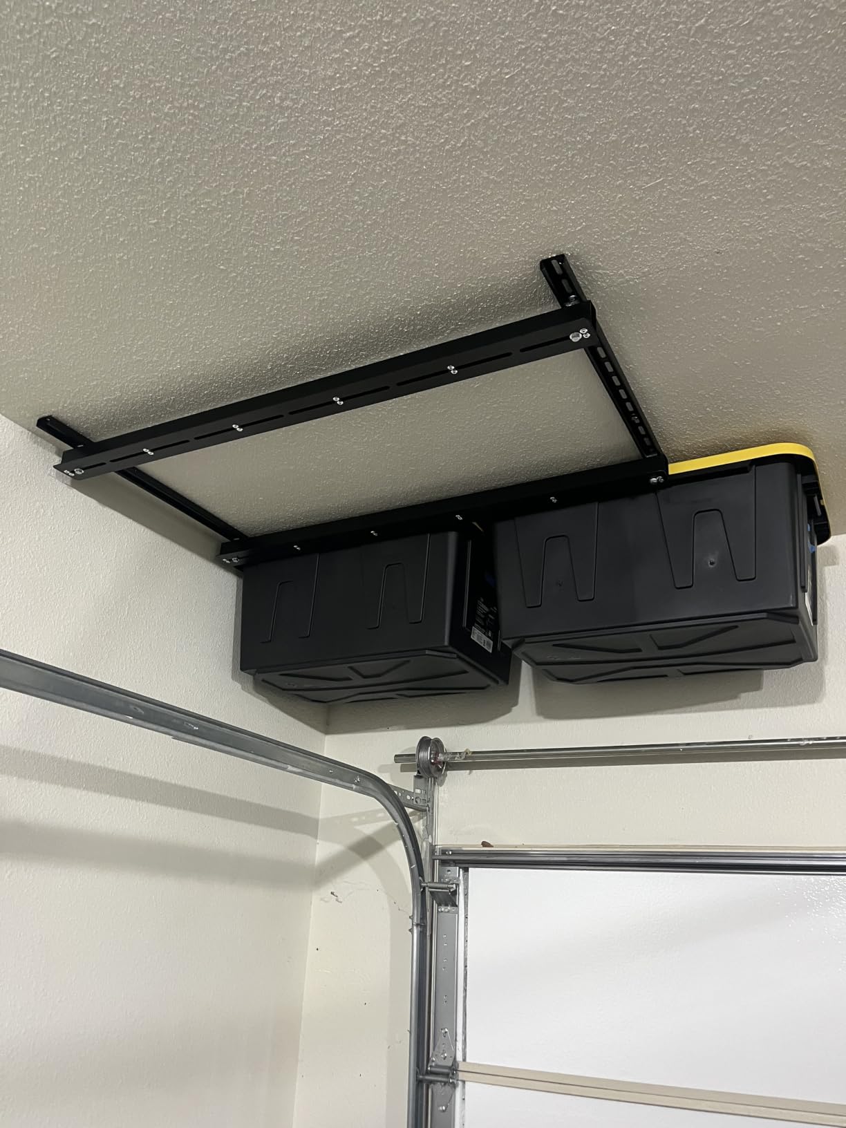 TORACK Garage Ceiling Bin Storage Rack, Overhead Tote Storage Rails System | Heavy Duty, Adjustable, Tote Slide Rails, Garage Bins Storage, Holds 4 27-Gallon Totes, Black, Bins are not included customer photo 2