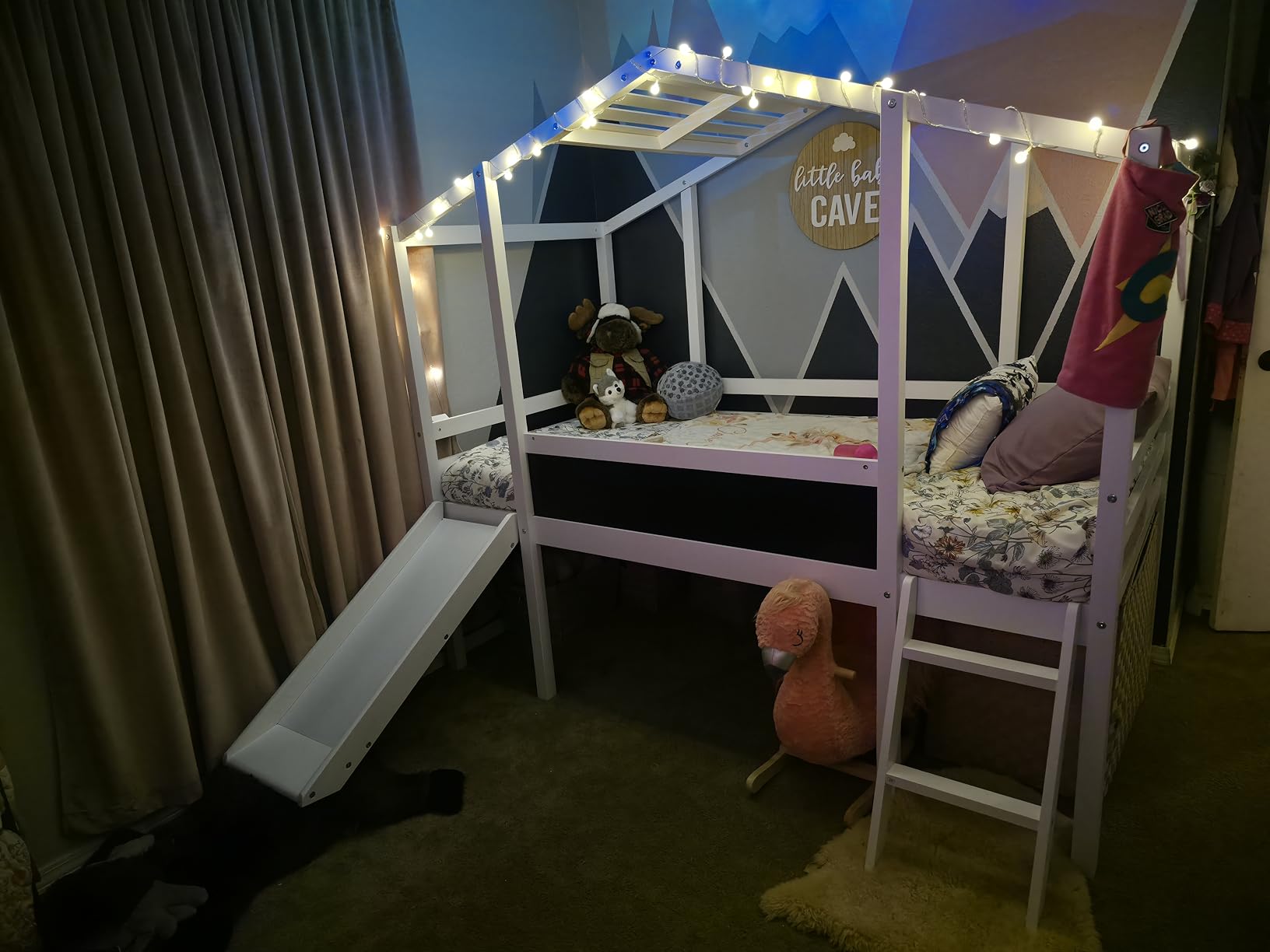 Merax Twin Loft Bed with Slide for Boys & Girls, Wood House Style with Blackboard & Light Strip, Grey customer photo 1