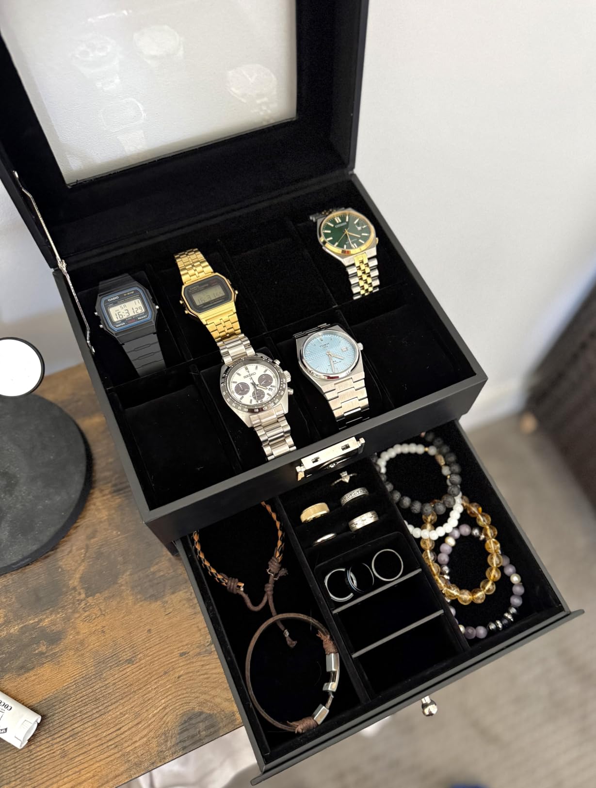 SONGMICS 12-Slot Watch Box, Lockable with Glass Lid, 2 Layers Watch Case, Black Synthetic Leather, Red Lining, BRIDIE Collection, UJWB012R01 customer photo 2